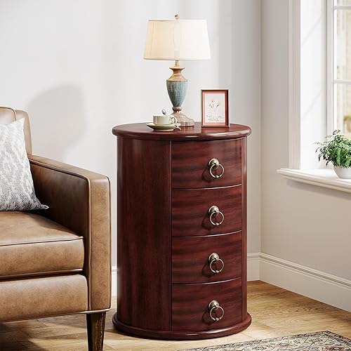 Miniatura 6 de Tribesigns Solid Wood End Table, Round Side Table with 4 Drawers, Vintage Bedside Table Nightstand for Small Spaces, Living Room, Bedroom, No