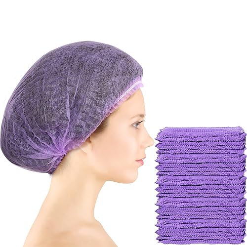 100 gorras para el cabello de 21 pulgadas, no tejidas, red elástica, para cubrir el cabello, sombreros para cosméticos, salón de belleza (morado)