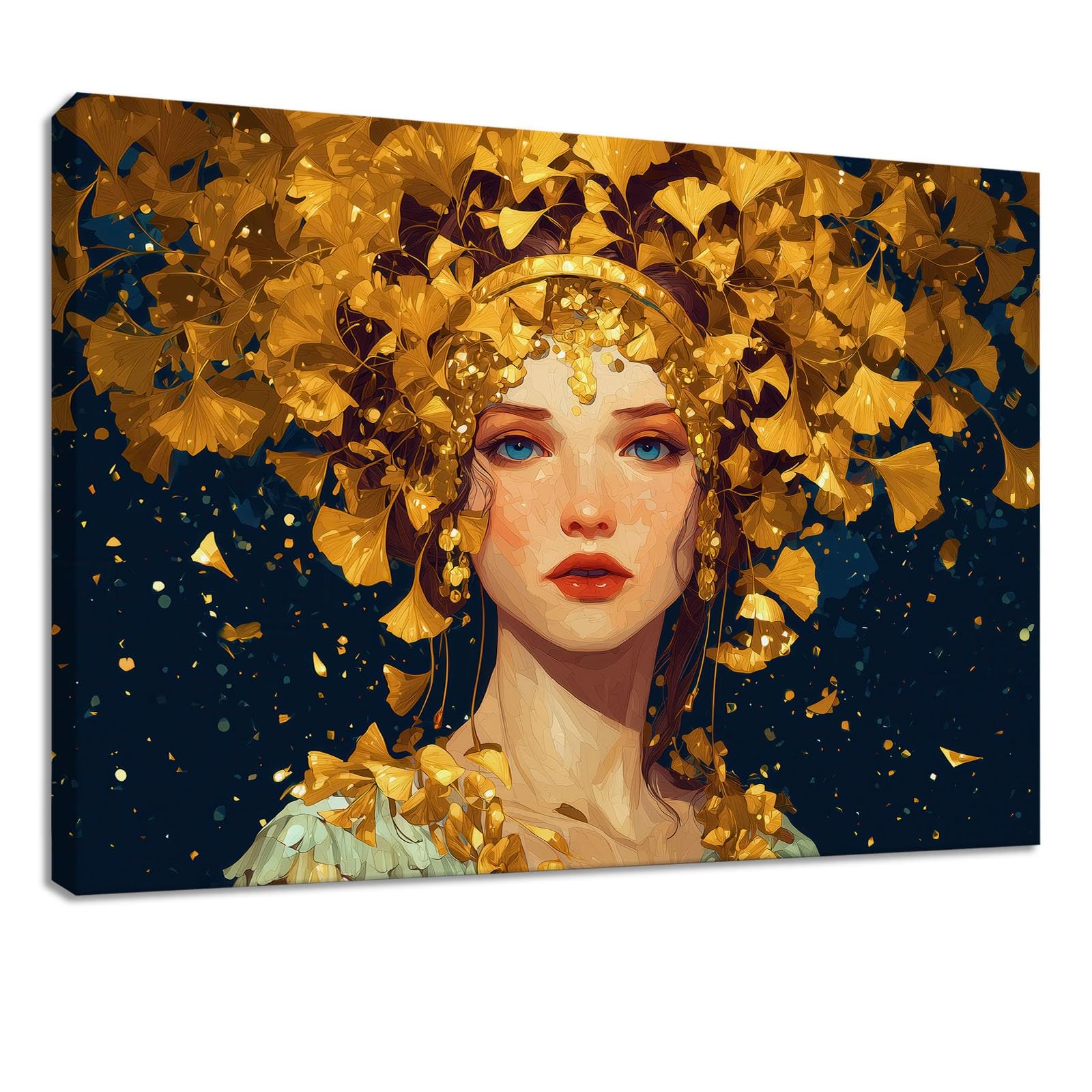 Leinwandbild Bilder 90 x 60 cm Fantasie Wanddeko, Schwarz Dame Gold Ginkgoblatt Kunstdruck, Wandbilder für Wohnzimmer, Schlafzimmer & Esszimmer