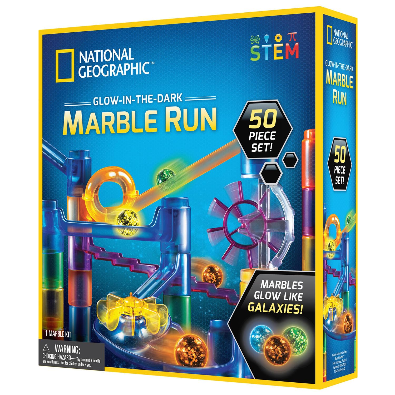 National Geographic Glow-in-the-Dark Marble Run dla dzieci, 50-częściowy zestaw konstrukcyjny ze świecącymi kulkami, światłem UV, torbą do przechowywania i przewodnikiem po fizyce