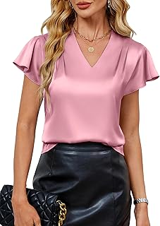 Blusa de seda para mujer, estilo casual, manga con volantes, cuello en V, plisada, para el trabajo