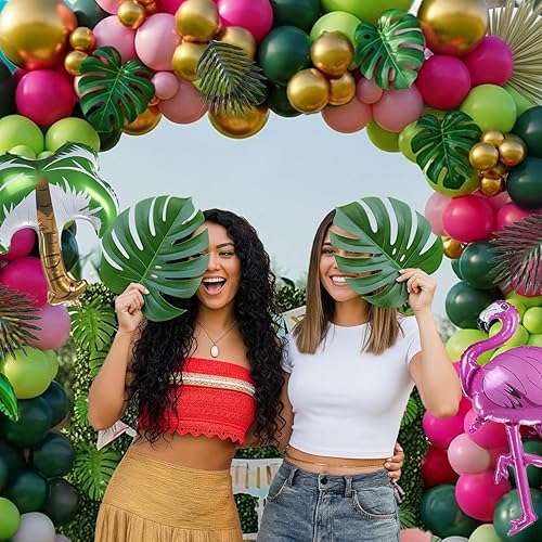 Miniatura 5 de Kit de arco de guirnalda de globos hawaianos tropicales con flamenco de árbol de coco de mylar, calcomanías de flores hawaianas, hojas de palmera,