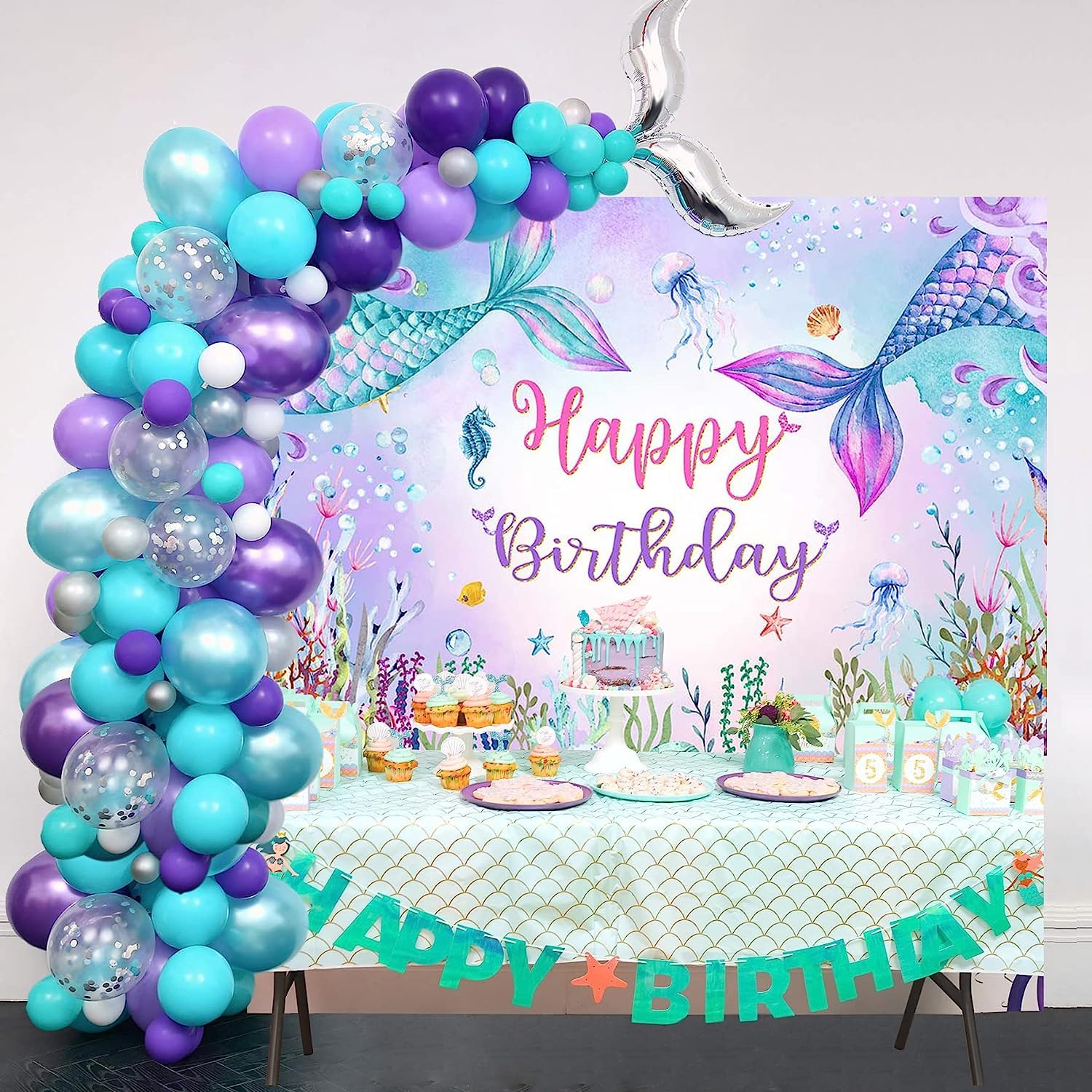 Avezano Sfondo Fotografico Sirena Per Compleanno – 2,1x1,5m In Cotone Per Feste A Tema Mare