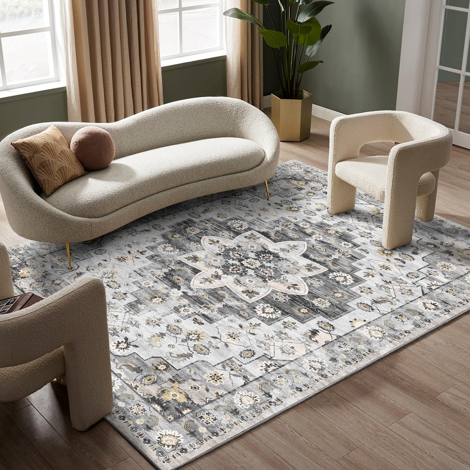 5x7 Area Rugs - Machine Washable Rugs for Living Room, Boho Area Rug with Non-Slip Backing, Stain Resistant Vintage Medallion Rug for Bedroom, Ultra-Thin Boho Large Area Rugs for Home Decor