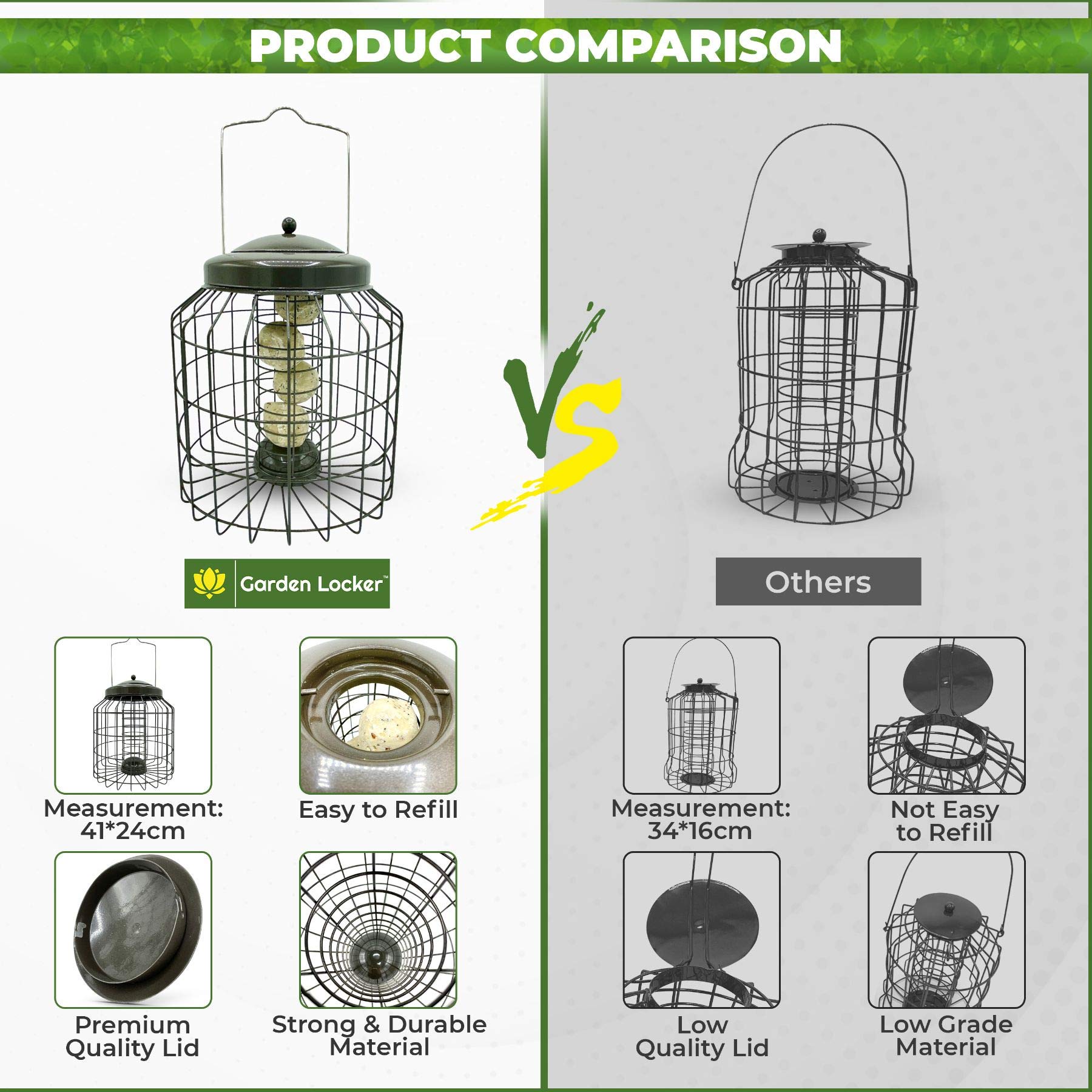 Comedero para pájaros de sebo grande y resistente a prueba de ardillas, para uso en jardín al aire libre, color marrón