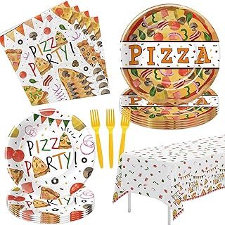 Pizza Birthday Party Supplies, Pizza Party Decorations Tableware for Baby Shower, Paper Dinner Plate, Dessert Plate, Cup, Napkin, Disposable Fork, Serves 24