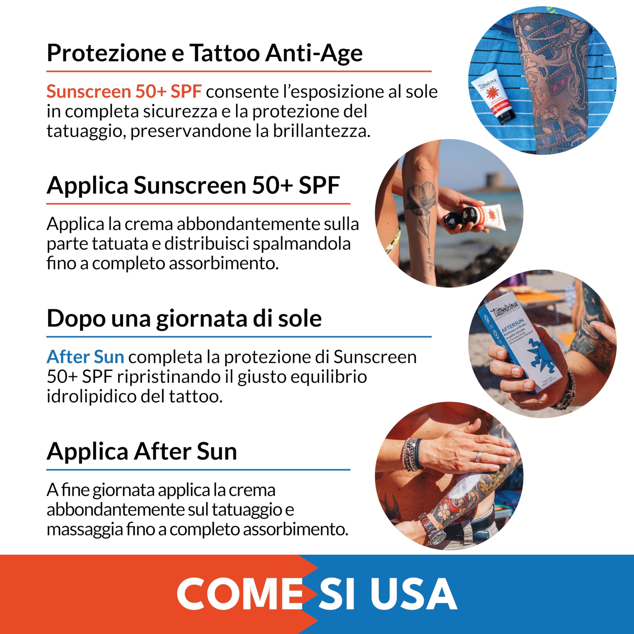 COMBO SUN PLUS - SUNSCREEN 50+ Anti - Verblassender Sonnenschutz für Tätowierungen, mit Biologische Wirkstoffen, 150 ml (2 Tuben à 75 ml) + AFTER SUN Aftersun für Tätowierungen, 100 ml