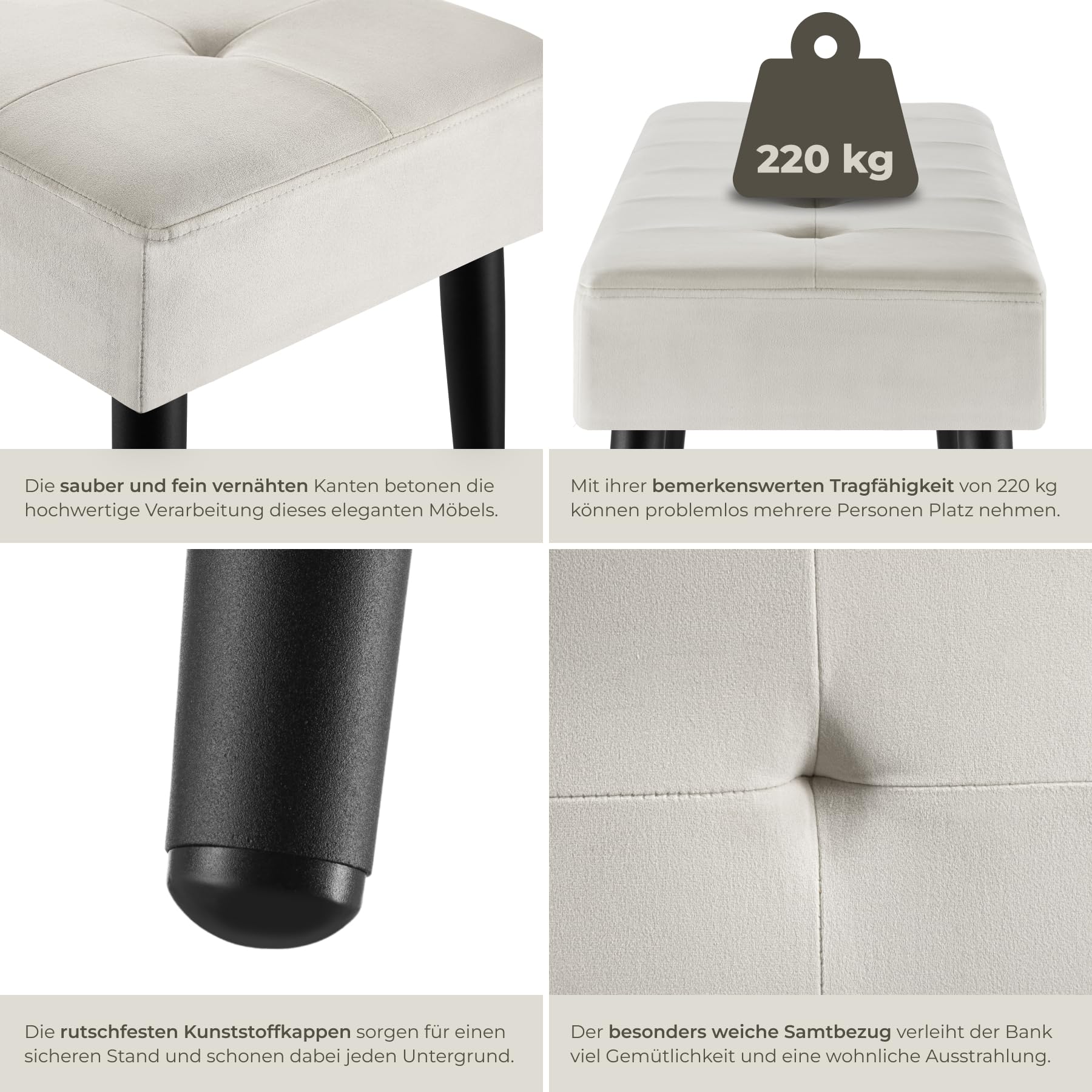 TecTake® Sitzbank, 95 x 38 x 45 cm, edles Steppmuster, belastbar bis 220 kg, gepolstert, bodenschonende Kappen, pflegeleicht, Polsterbank, Bank, Sitzgelegenheit, Flurmöbel - Samtoptik Taupe