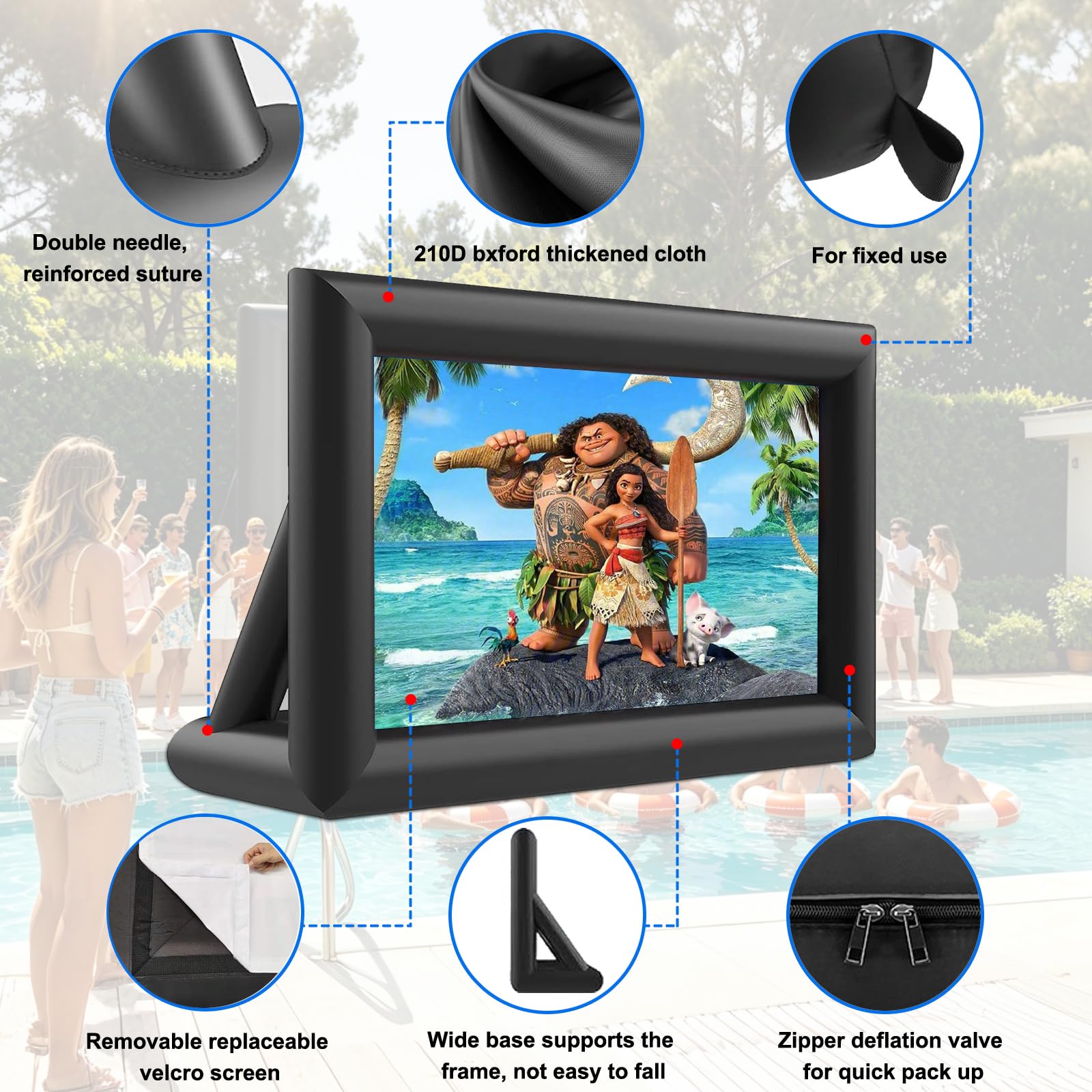 GYUEM Écran de projection gonflable portable de 6 m - Grand écran de projection de cinéma soufflé à l’air avec corde, souffleur, piquets de tente - Projection avant et arrière, pour fête en plein air
