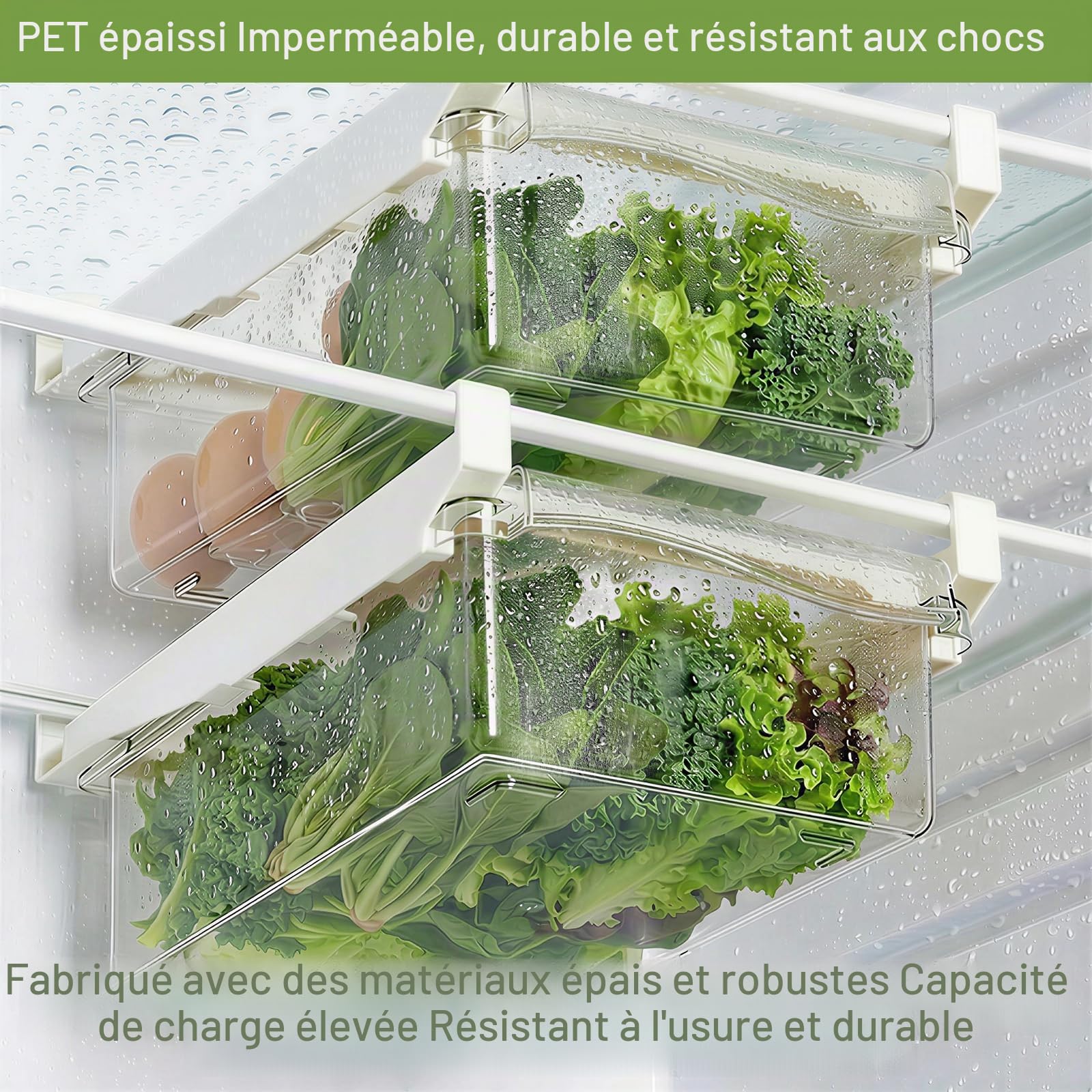 2PCS Organisateur Frigo Tiroir Coulissant Universel - Boîte De Rangement Réfrigérateur Extensible & Transparente - Bac Suspendu Pour Fruits, Légumes - Gain De Place & Installation Facile (Sans BPA)