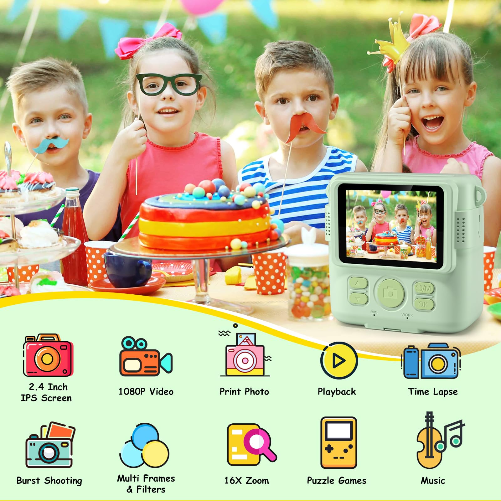 Macchina Fotografica Bambini Istantanea, GREENKINDER 2.4 Pollici/1080P Fotocamera Istantanea Bambini con 32GB Scheda e Carta da Stampa, Fotocamera Digitale Bambini per Ragazze Ragazzi da 3-12 Anni