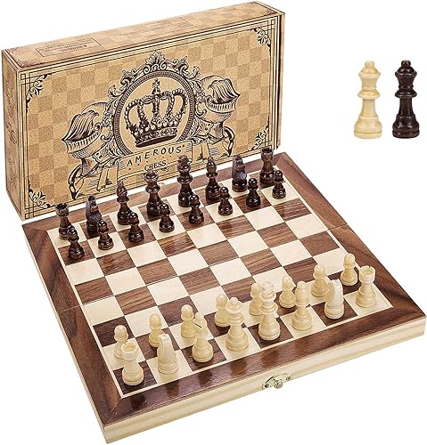 Miniatura 8 de AMEROUS Juego de ajedrez magnético de madera de 12 x 12 pulgadas para niños y 6 años en adelante, 2 reinas adicionales, tablero plegable con ranuras