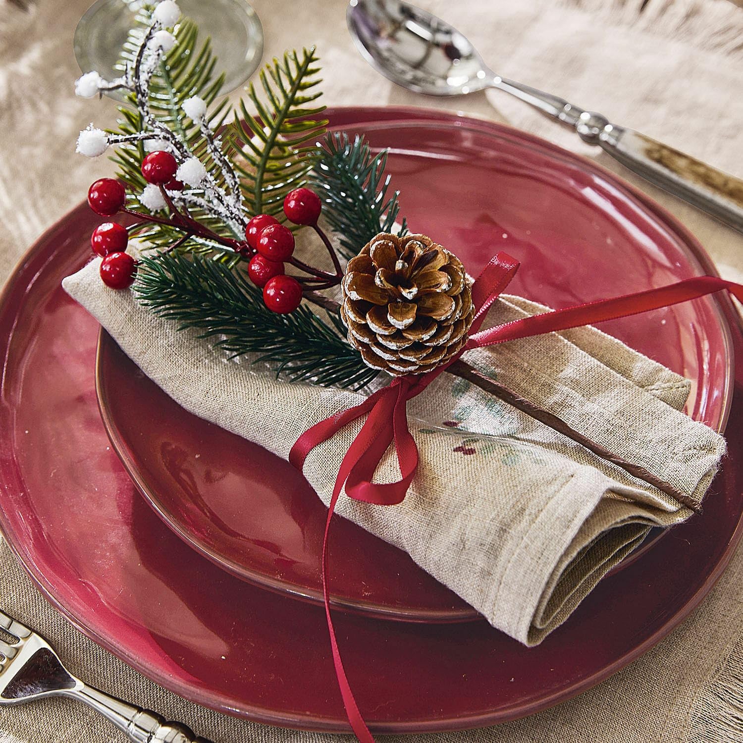LOBERON Serviette 4er Set Lenius, leinen | mit Stechpalmen- und Mistelzweigmotiven - Leinenserviette - Weihnachtsdinner - Weihnachtliche Textilien - Weihnachten