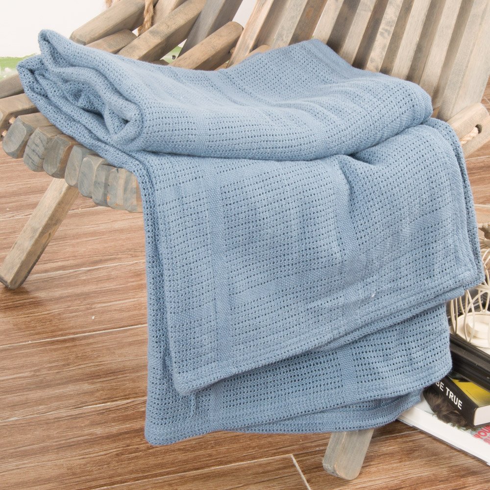 Cuda Home® 100% Cotton Dobby Style Open Waffle Weave Throw Blanket 150 x 210cm Denim Blue