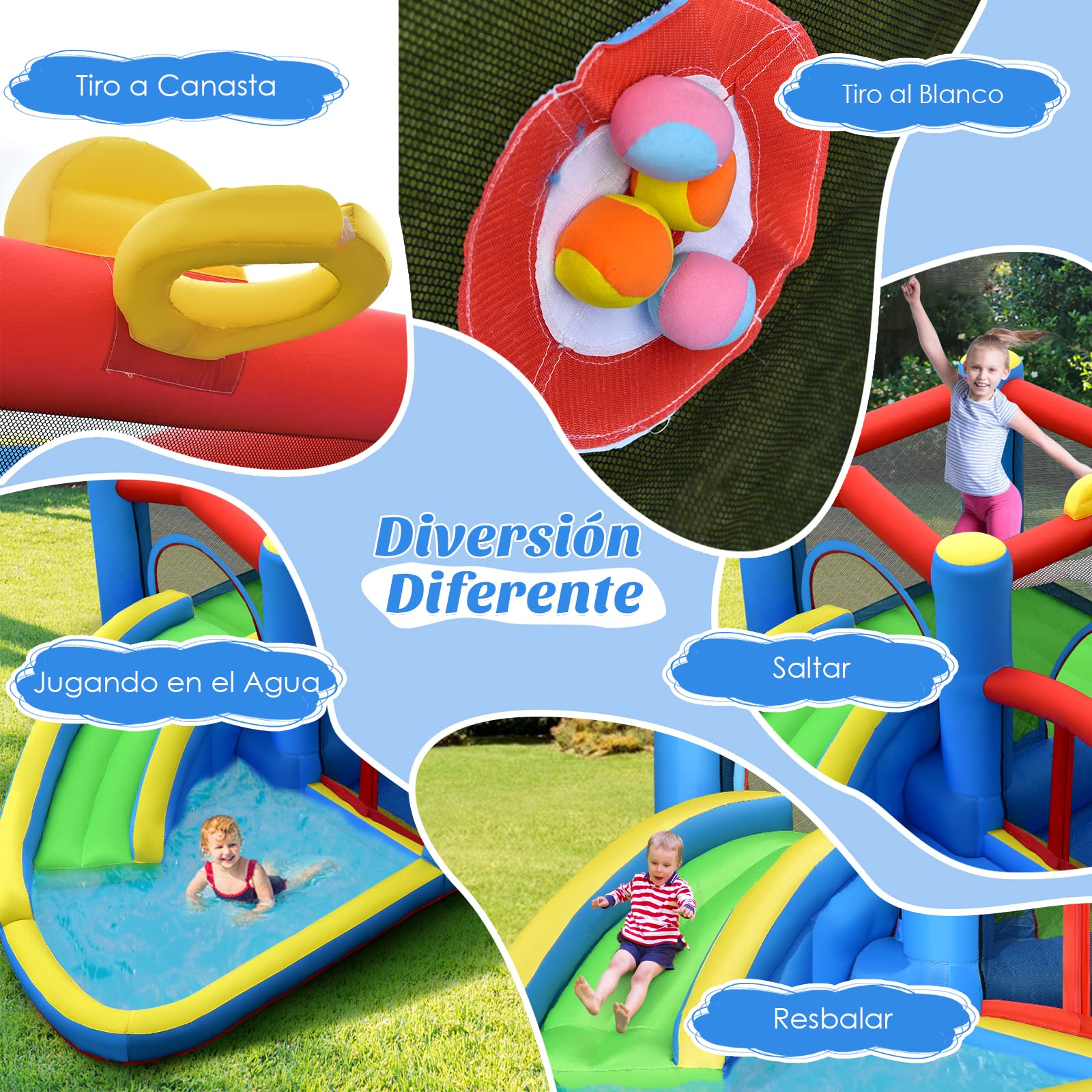 COSTWAY Tobogán Acuático Inflable, Castillo Inflable con Tobogán Mojado Seco para Interior y Exterior, Parque Acuático Portátil para Patio con Pelotas, Pelota de Baloncesto Inflable sin Compresor