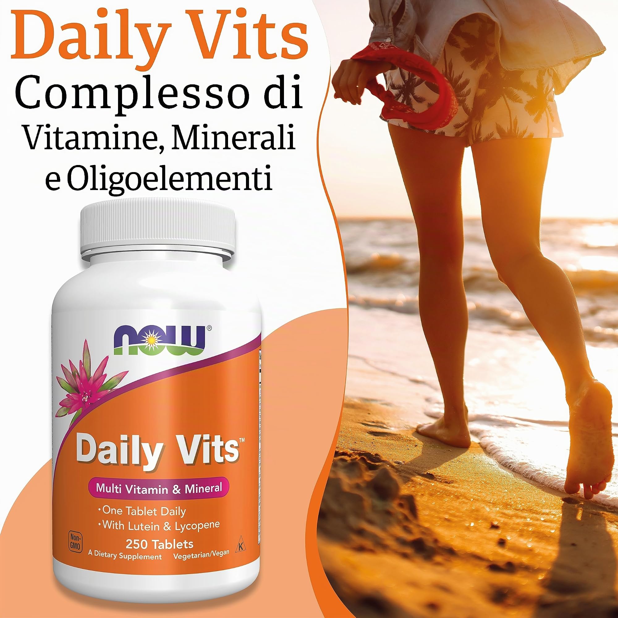 Now Foods, Daily Vits, Vitamine Quotidiane, Multivitaminico, 250 Compresse vegane, Testato in Laboratorio, Senza Glutine, Senza Soia, Vegetariano, non OGM