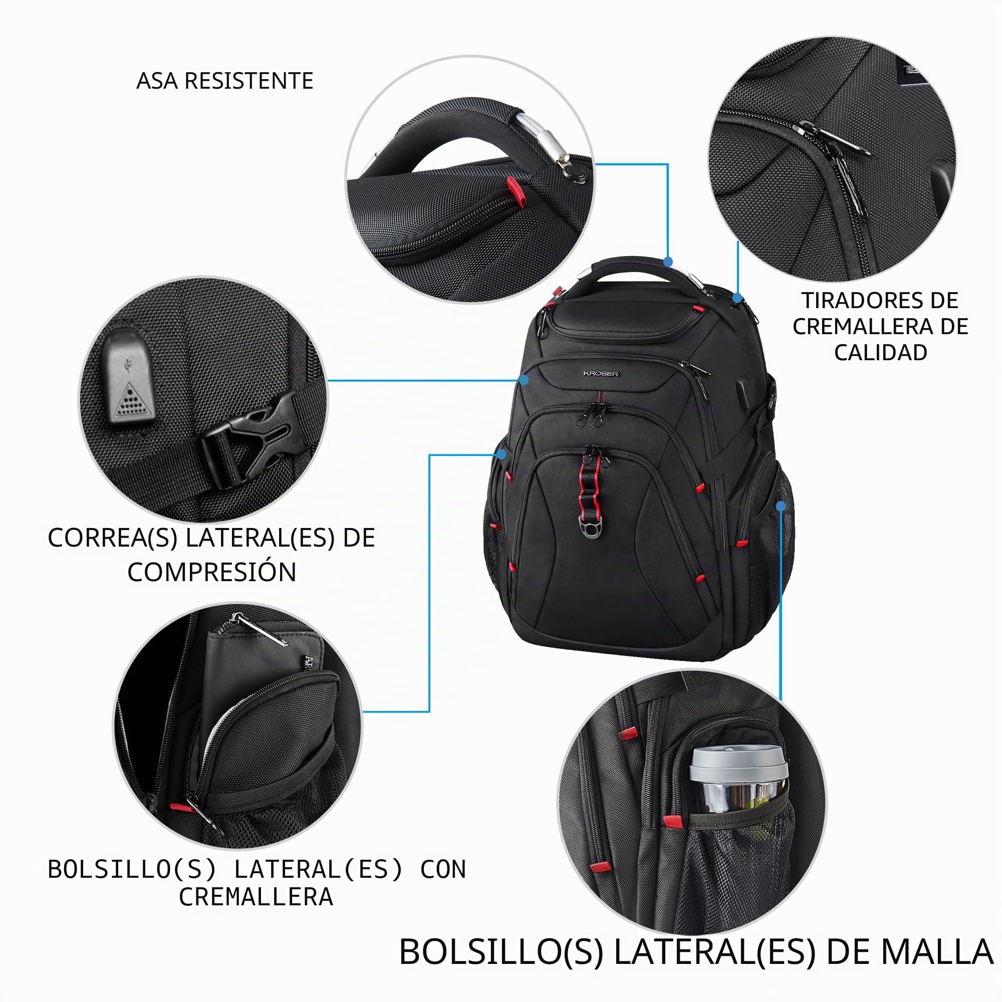 KROSER Mochila para Portátil de Viaje 17.3" Mochila para Computadora con Bolsillos RFID Hidrófugo Mochila Universitaria Negocio Elegante Grande Bolso para Portátil Escolar para Hombres/Mujeres-Negro