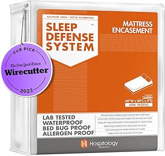 HOSPITOLOGY PRODUCTS Mattress Encasement - Zippered Bed Bug Dust Mite Proof Hypoallergenic - Sleep Defense System - Queen - Waterproof - Stretchable - Low Profile 9" Depth - 60" W x 80" L
