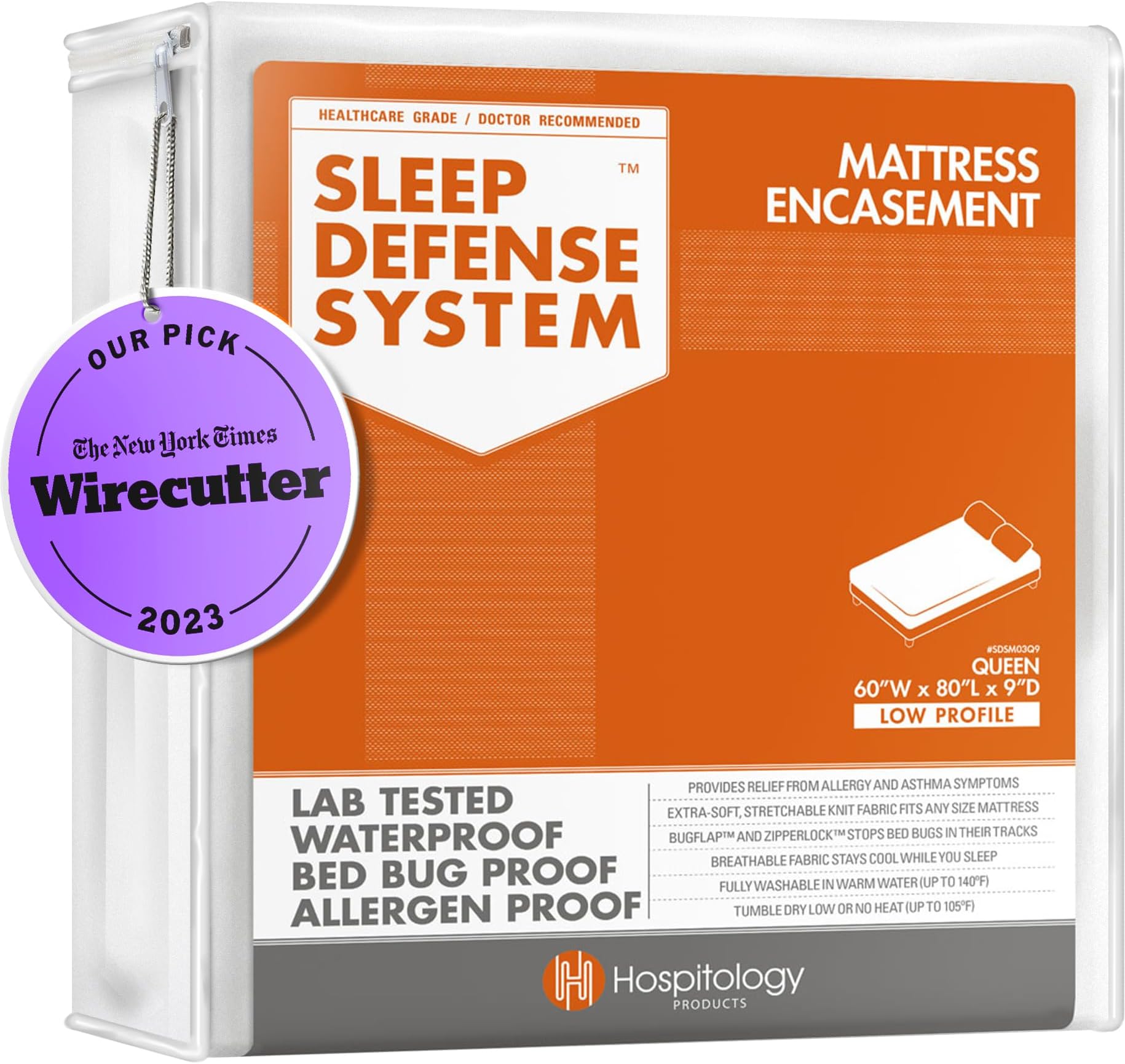 Mattress Encasement - Zippered Bed Bug Dust Mite Proof Hypoallergenic - Sleep Defense System - Queen - Waterproof - Stretchable - Low Profile 9" Depth - 60" W x 80" L