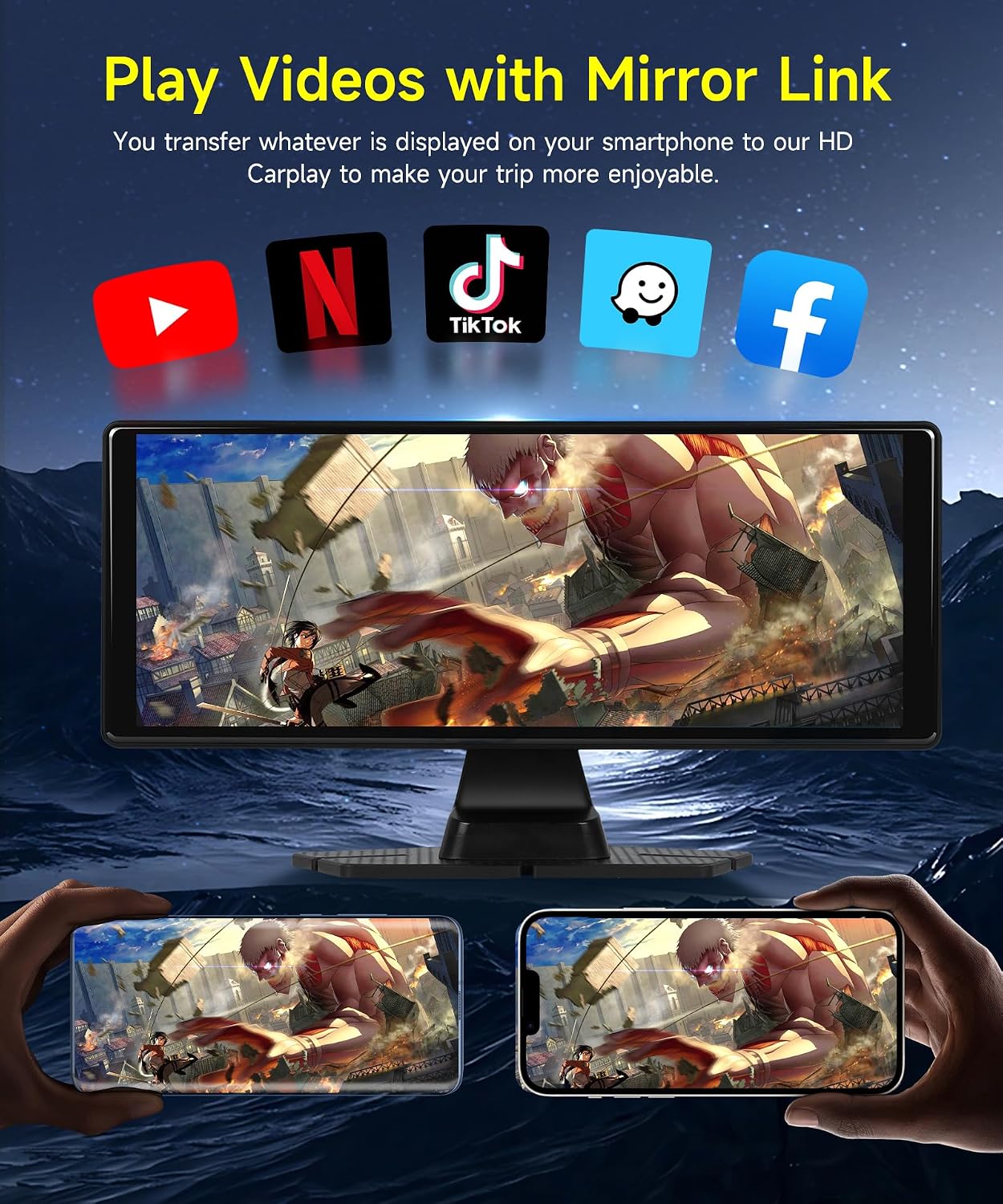 Image demonstrating the MirrorLink function, showing a smartphone screen mirrored onto the carplay display, suitable for playing videos from various apps.
