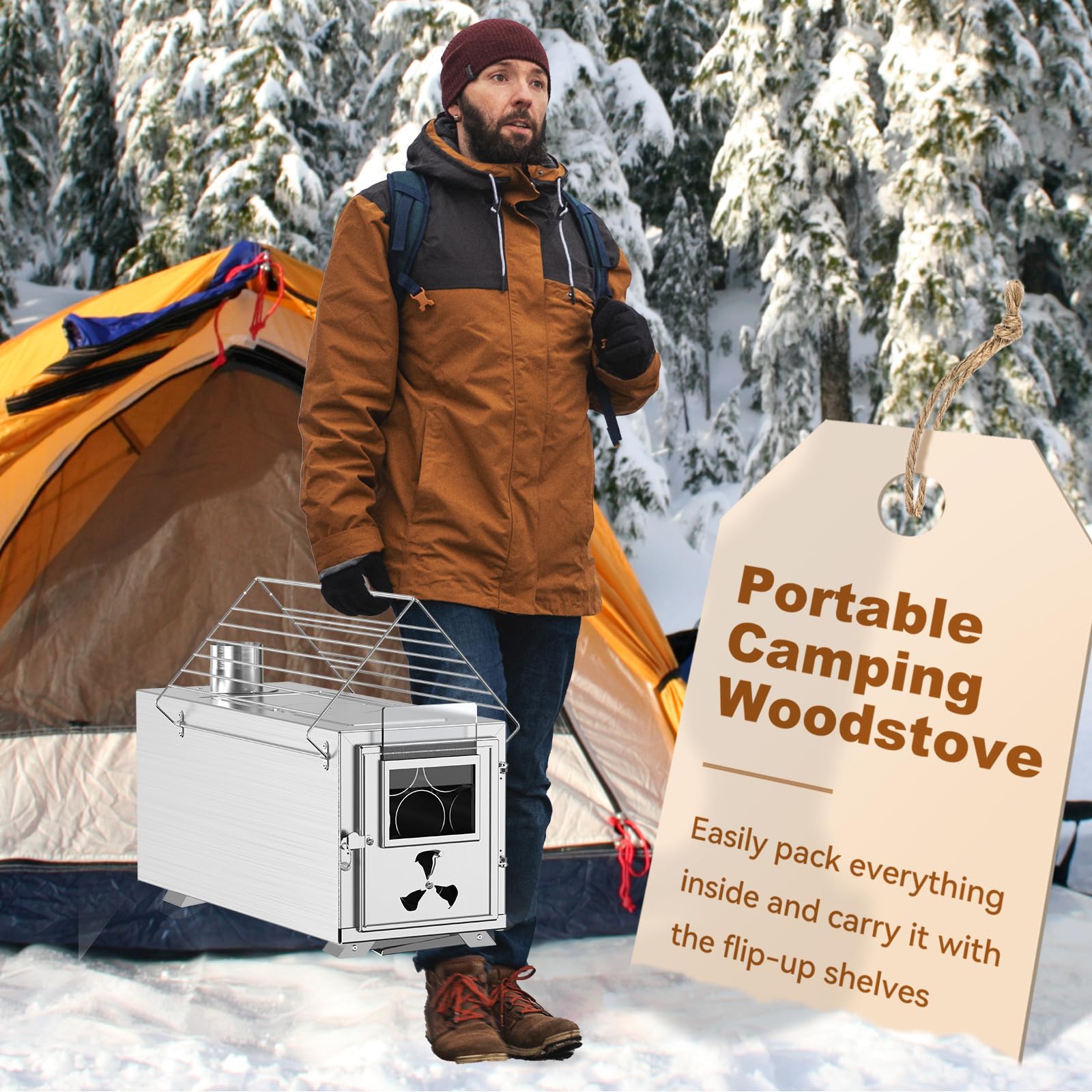 MOPHOTO Réchaud à bois de camping avec 7 tuyaux de cheminée en acier inoxydable et pare-étincelles, chauffage extérieur, cuisine, pêche sur glace, chasse (38 x 20 x 22 cm)