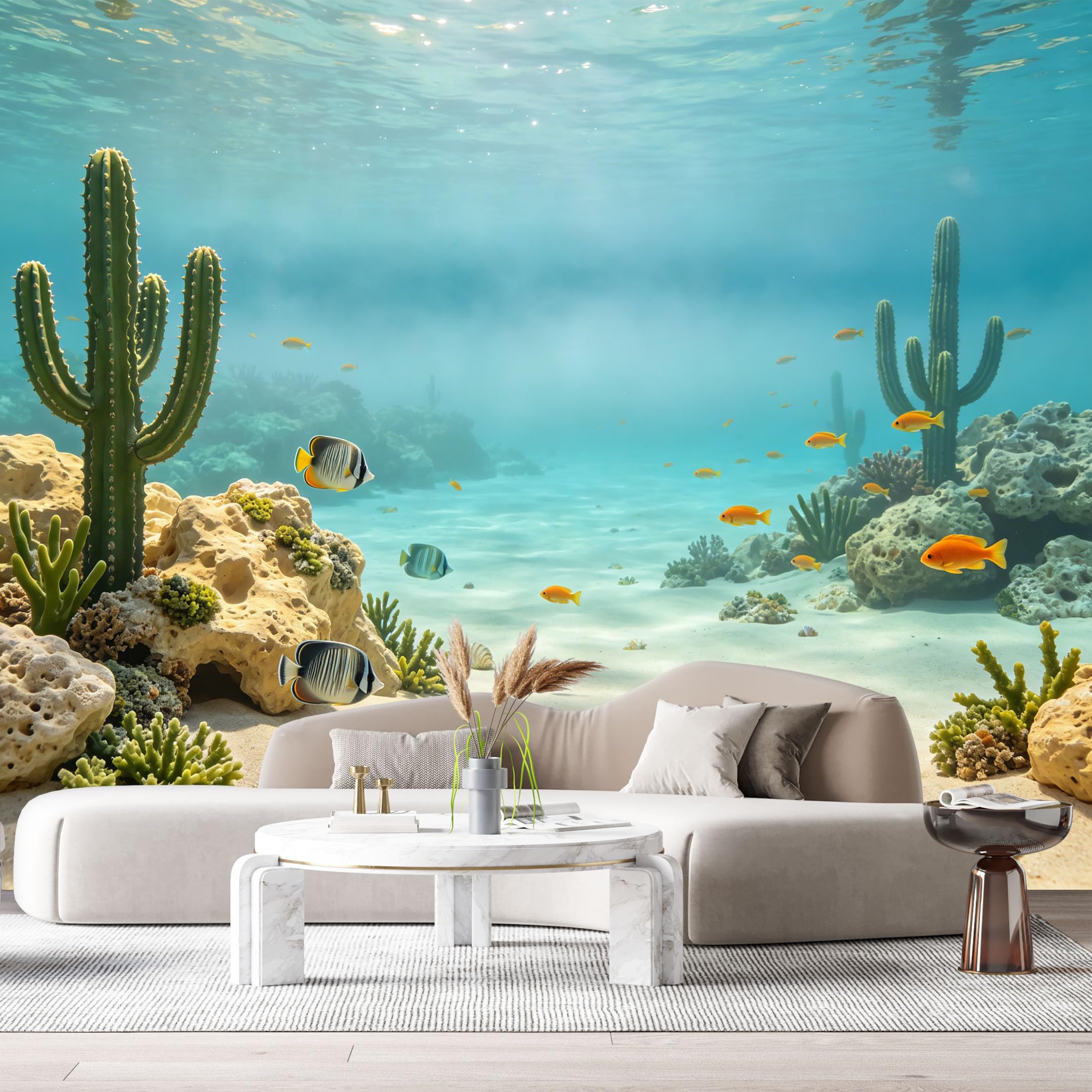 Custom Size Wall Murals Underwater Ocean Marine Tropical Fish Cactus Surreal 3D SelfAdhesiveWall Fabric Removable Wallpaper Wall Decor for Living Room Bedroom Bathroom