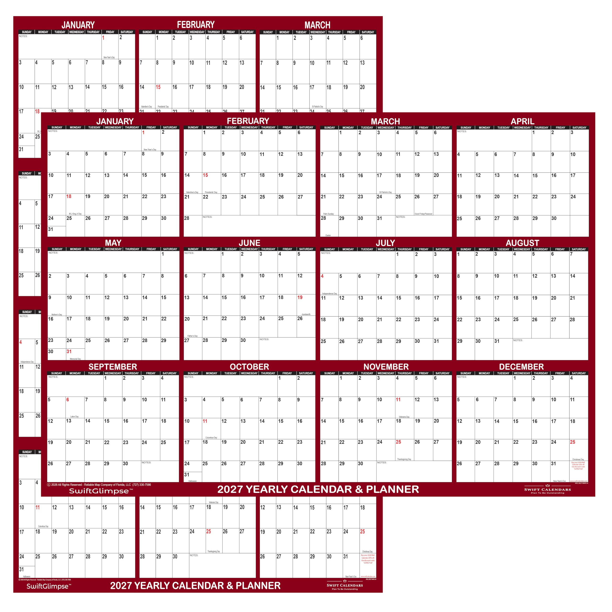 SwiftGlimpse - Calendario da parete cancellabile 2027, 81,3 x 121,9 cm, cancellabile a secco e a umido, laminato, 12 mesi, annuale, reversibile, orizzontale/verticale, marrone (confezione da 1)