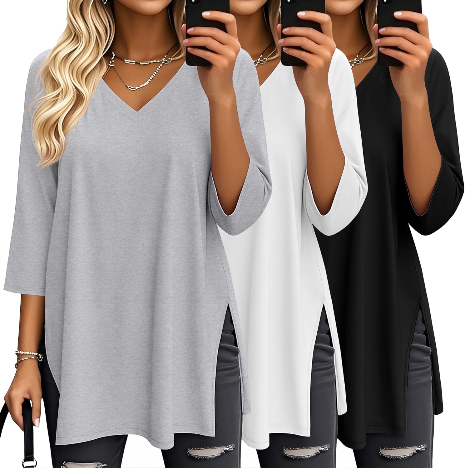 3 Pack Women's 3/4 Sleeve Oversized T-Shirts V Neck Comfy Casual Tunic Tops Knit Si...