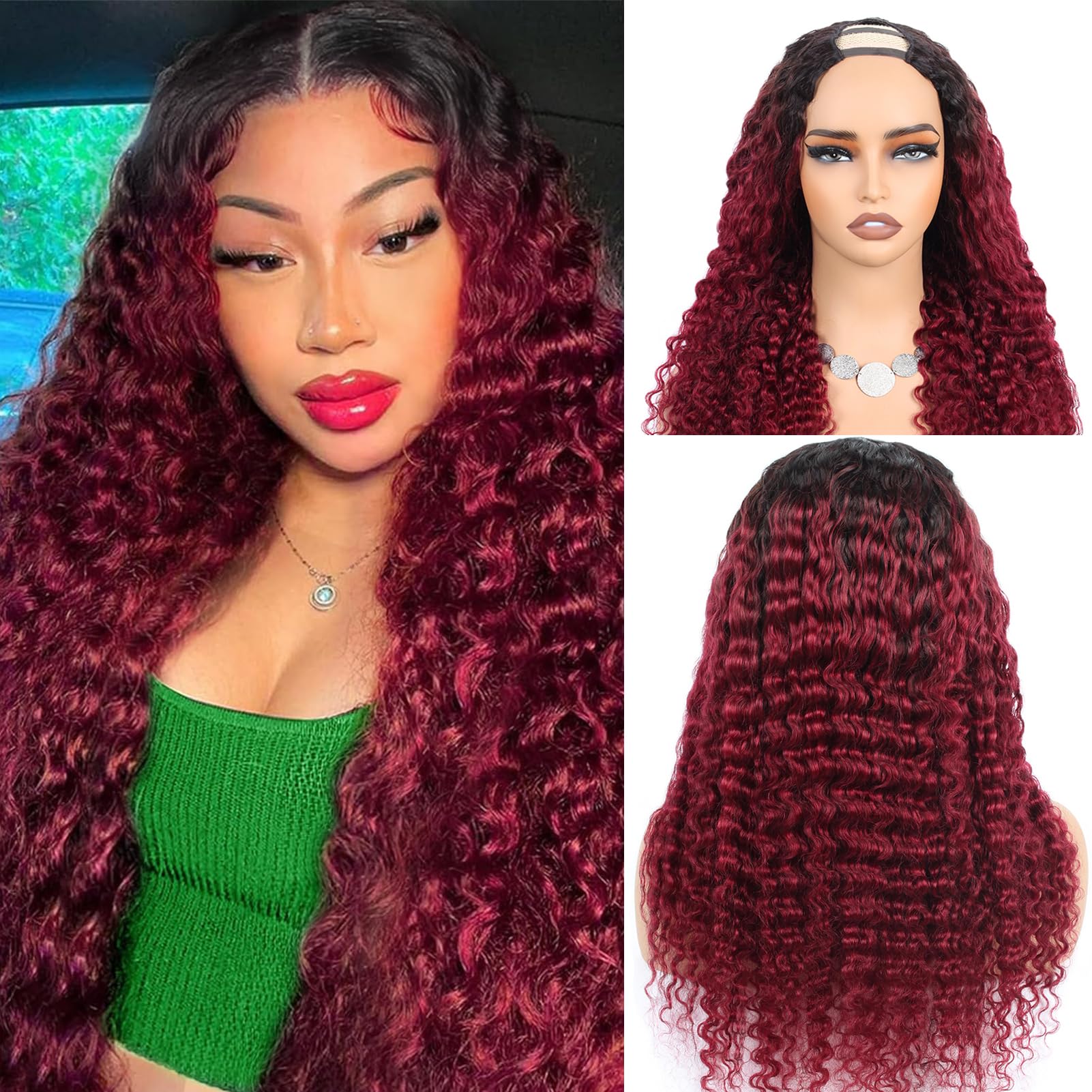 Photo 1 of 1B/Burgundy U Part Human Hair Wig Deep Wave 22 Inch 200% Density Ombre Deep Wave U Part Wigs for Black Women 12A Full Head Clip in Half Wig Glueless No Leave Out Lace Front Wig 3X Longer Lifespan