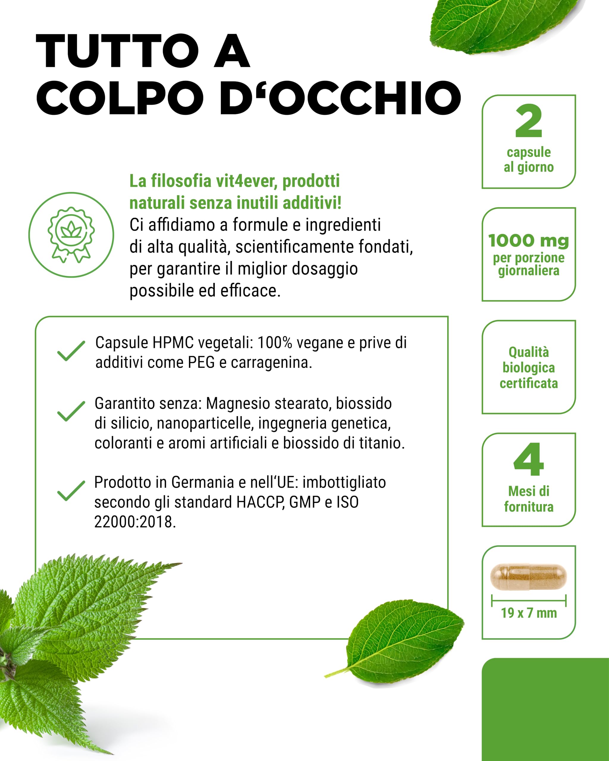 Ortica biologica - 240 capsule - Dosaggio elevato con 1000 mg per dose giornaliera - Estratto di ortica 10:1 in qualità organica certificata - Vegan