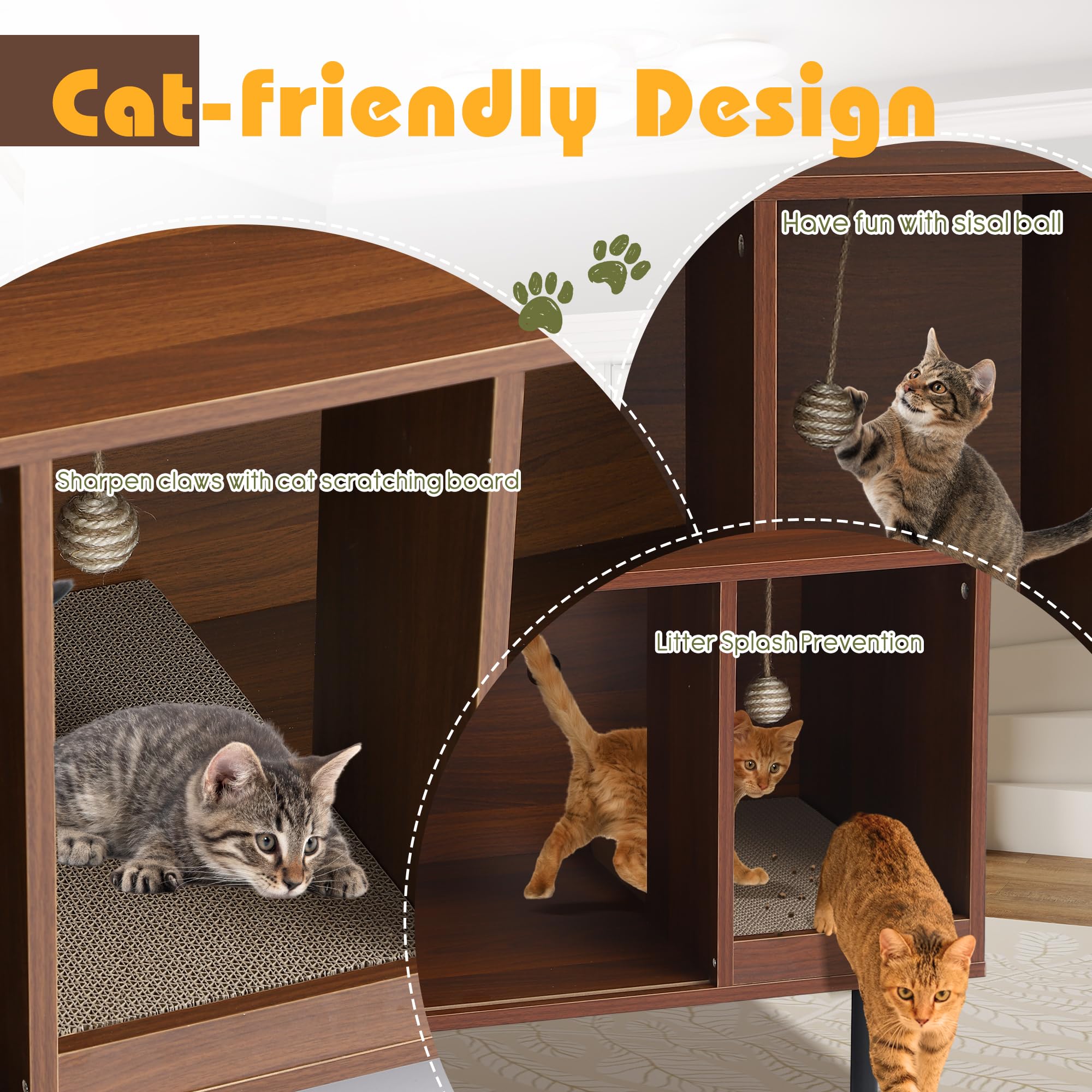 Cat Litter Box Enclosure, 37.4" Wooden Cat Washroom Furniture with Sliding Door, Fluted Hidden Litter Box Furniture with Scratch Pad and Sisal Ball, End Table TV Stand for Living Room (Brown) - image 5