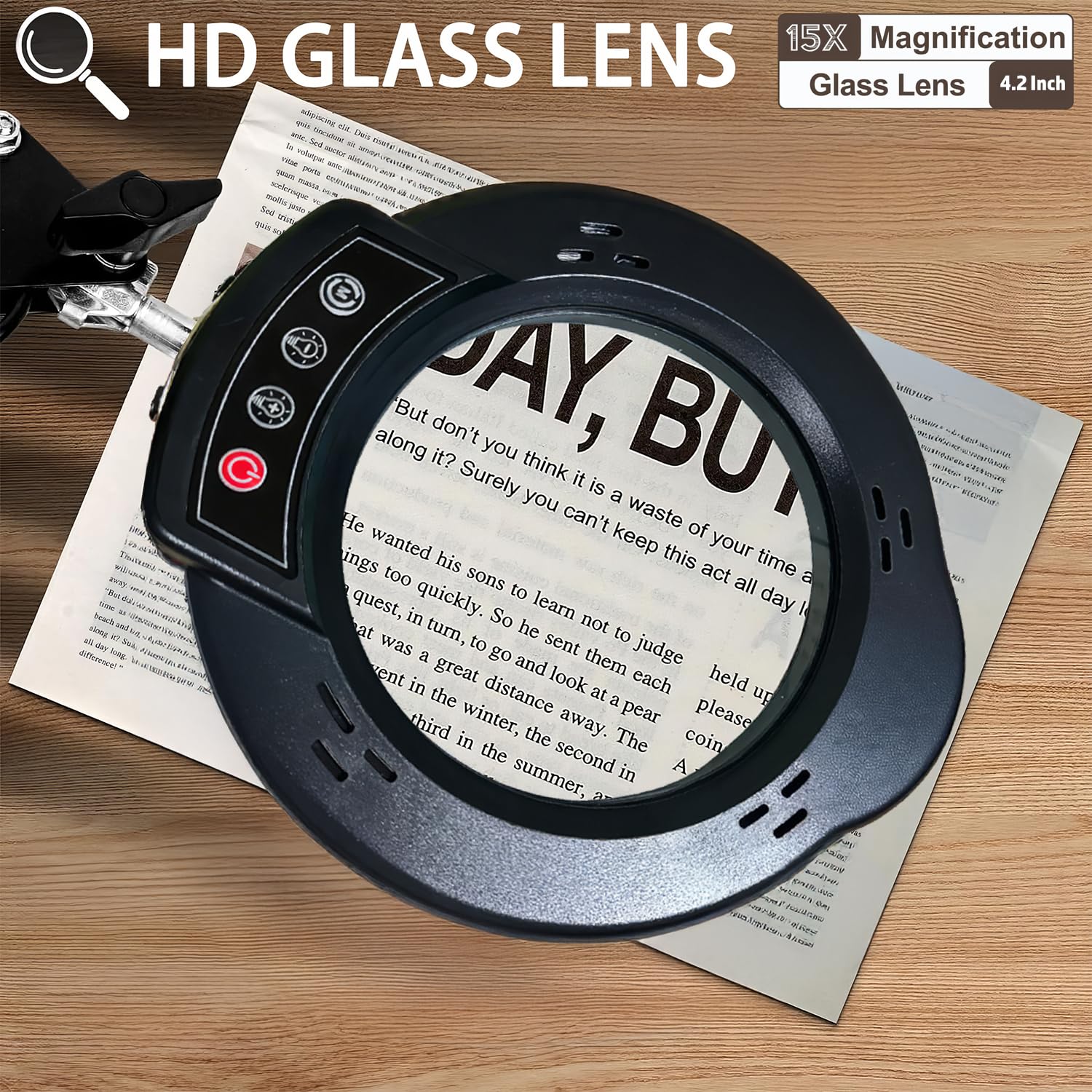 Upgrade 15 x Magnifying Glass with Light, LED Desk Lamp with Base and Clamp, 5 Colour Modes, 10 Stepless Dimmable, 84 LEDs - Image 2