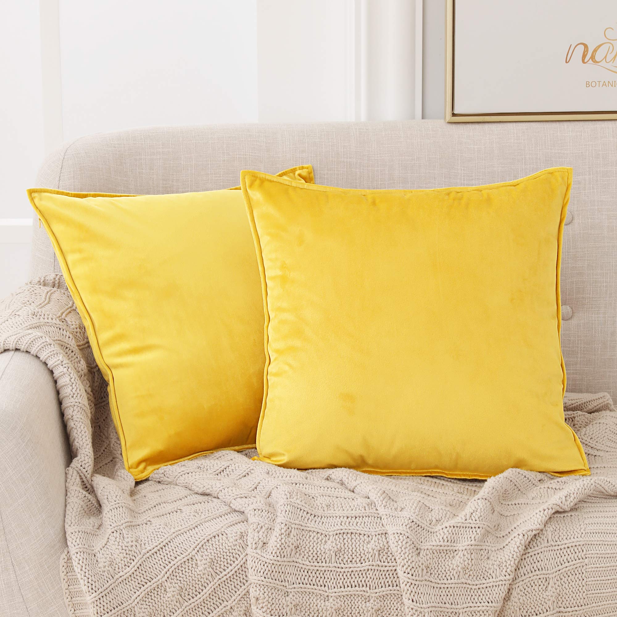 Deconovo Set of 2 Crushed Velvet Cushion Covers 50cm x 50cm 20x20 Inches Throw Pillow Case Pillowcases Square Cushion Covers for Garden Chairs with Invisible Zipper Mellow Yellow