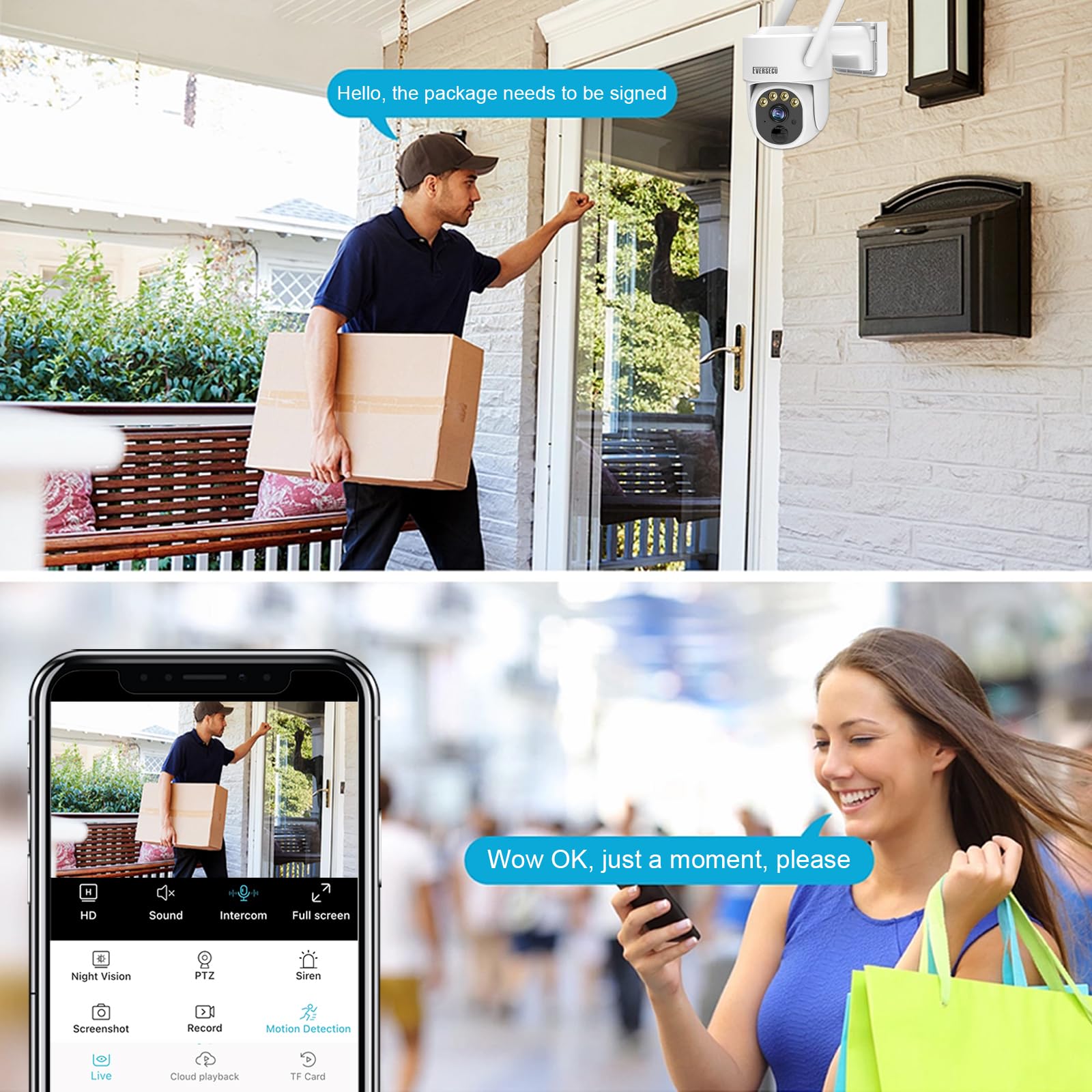 YESKAMOU Telecamera Wi-Fi Esterno, 2K Videocamera Sorveglianza con pannello solare, 360° PTZ Telecamera Wifi Esterno Senza Fili con Batteria, Visione Notturna a Colori, 2.4GHz, Supporta Alexa (3mp