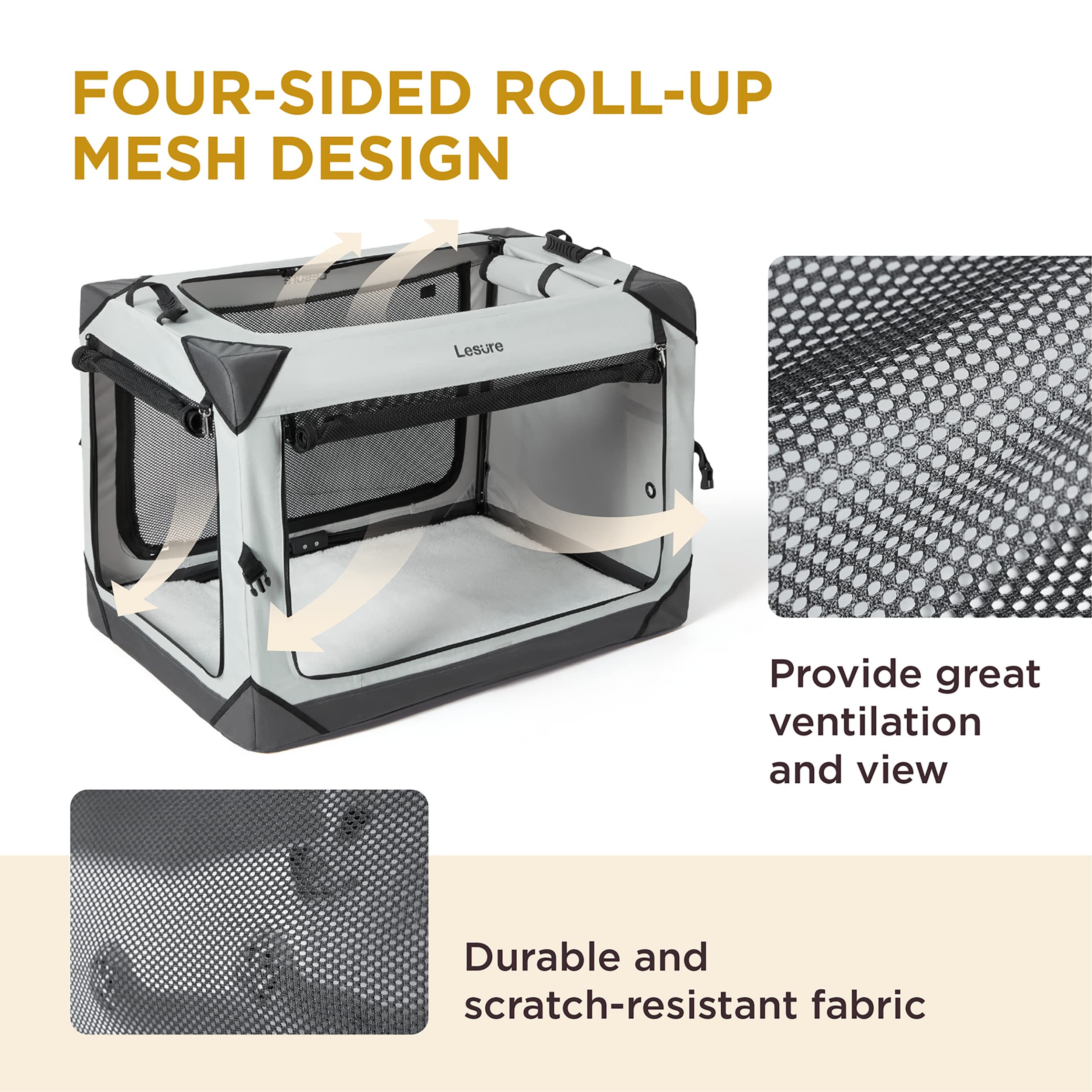 Lesure Collapsible Dog Crate - Portable Dog Travel Crate Kennel for Extra Small Dog , 4-Door Pet Crate with Durable Mesh Windows, Indoor & Outdoor (Light Gray)