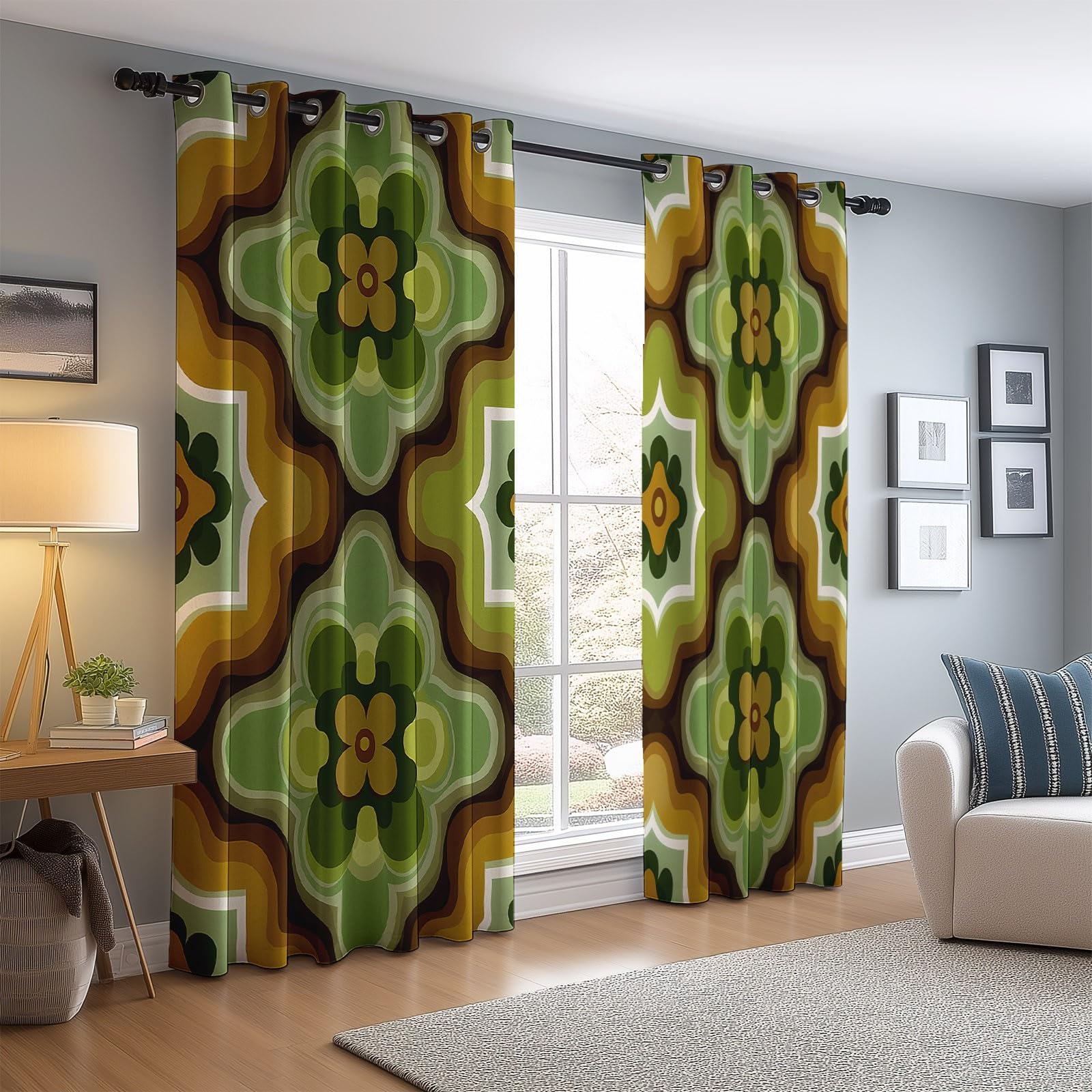 Décoration Géométrique Rétro, Rideaux Longs 140L X 260H cm (2 Panneaux), Tissu Occultant Thermique pour Baie Vitrée, Vert Marron