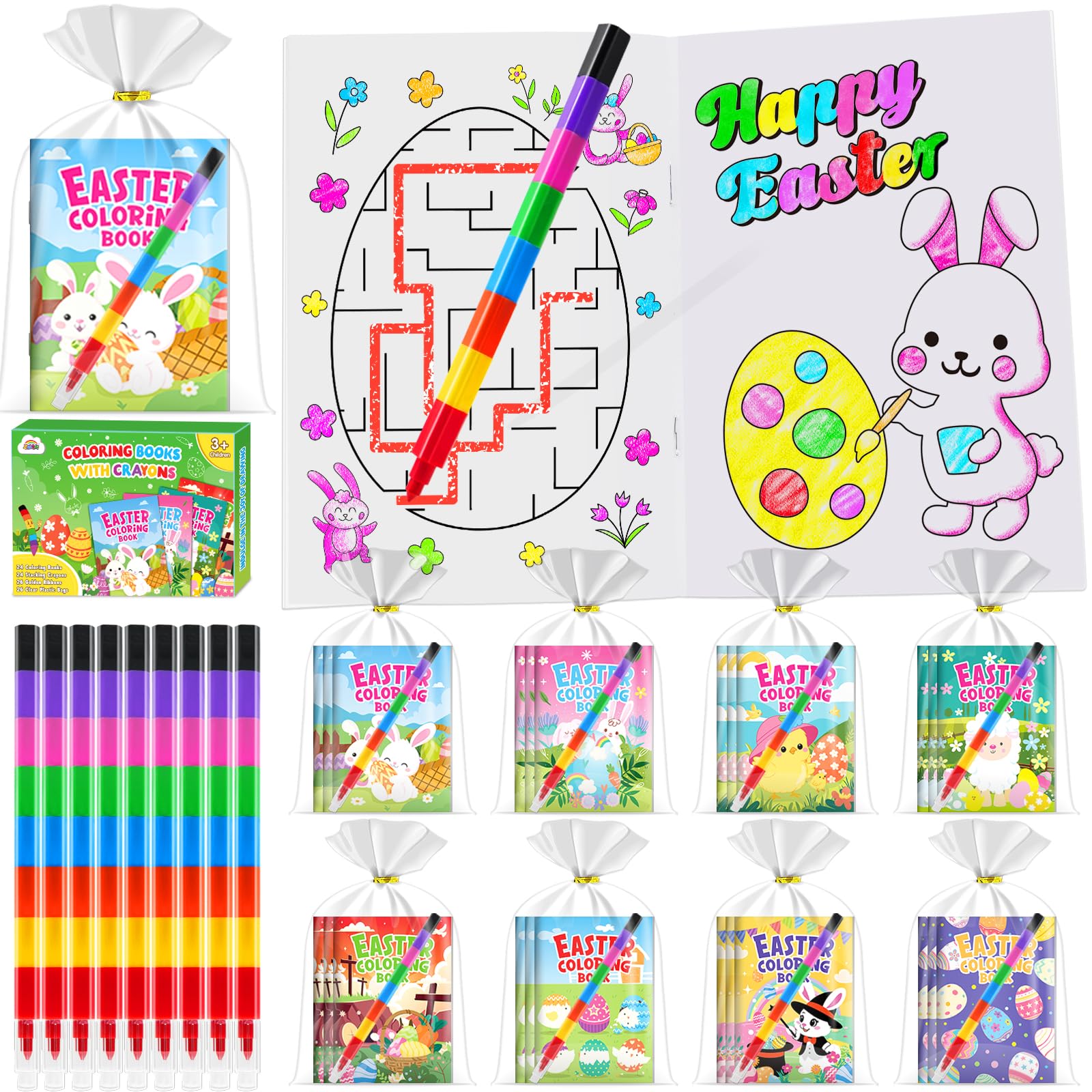 ZMLM Easter Party Bag Fillers - 24 Pack Easter Colouring Books & Crayons, All-in-One Activity Set, Easter Egg Hunt Prizes, Party Bag Fillers, Party Favours