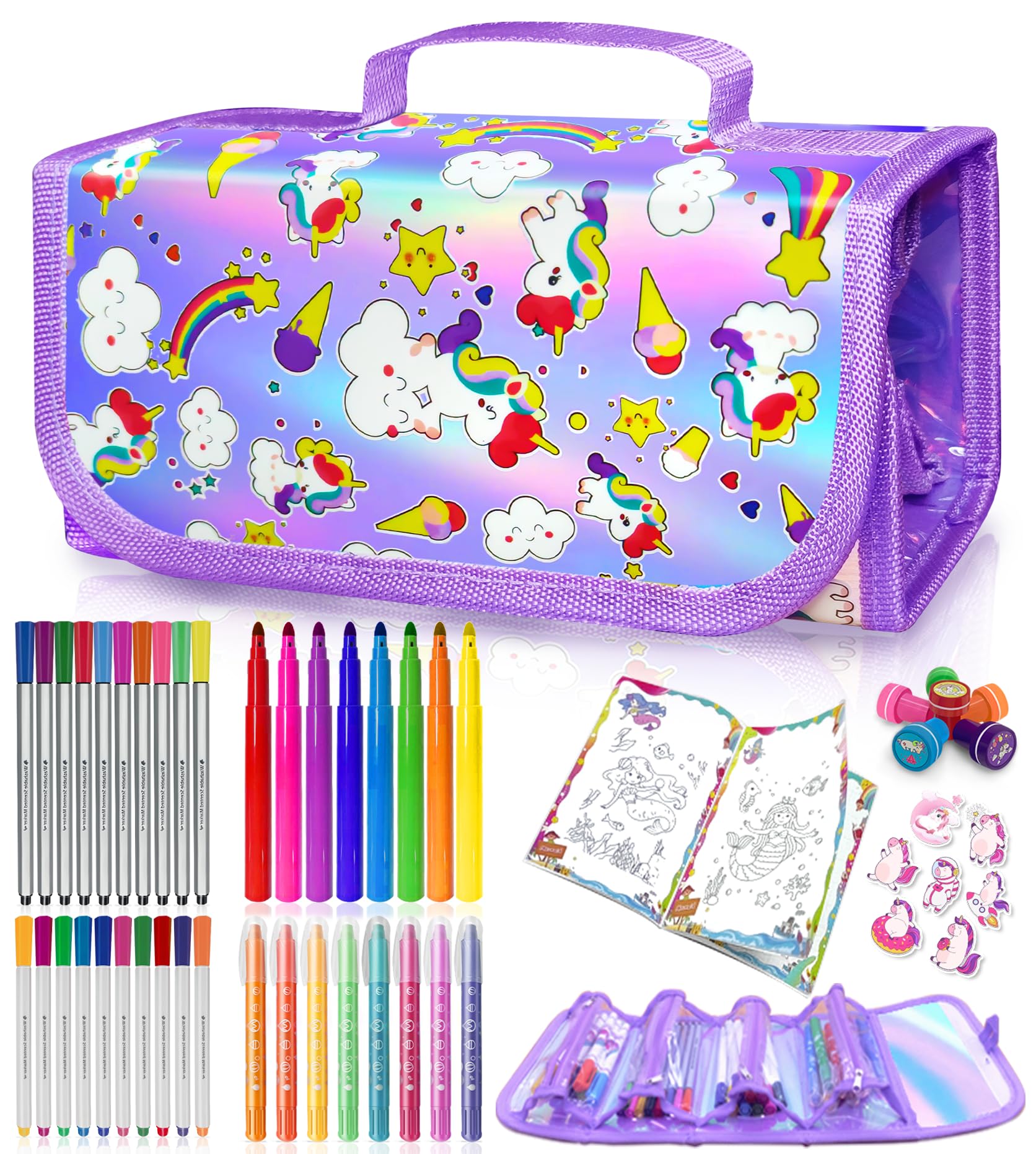 weirtoya 56 PCS Washable Scented Markers Set with Glitter Pencil Case, Kids Art Set Mermaid Unicorn Arts and Crafts for kid 4-6-8 Kids Drawing Set for 4-8 Years Old Girls Birthday Gifts