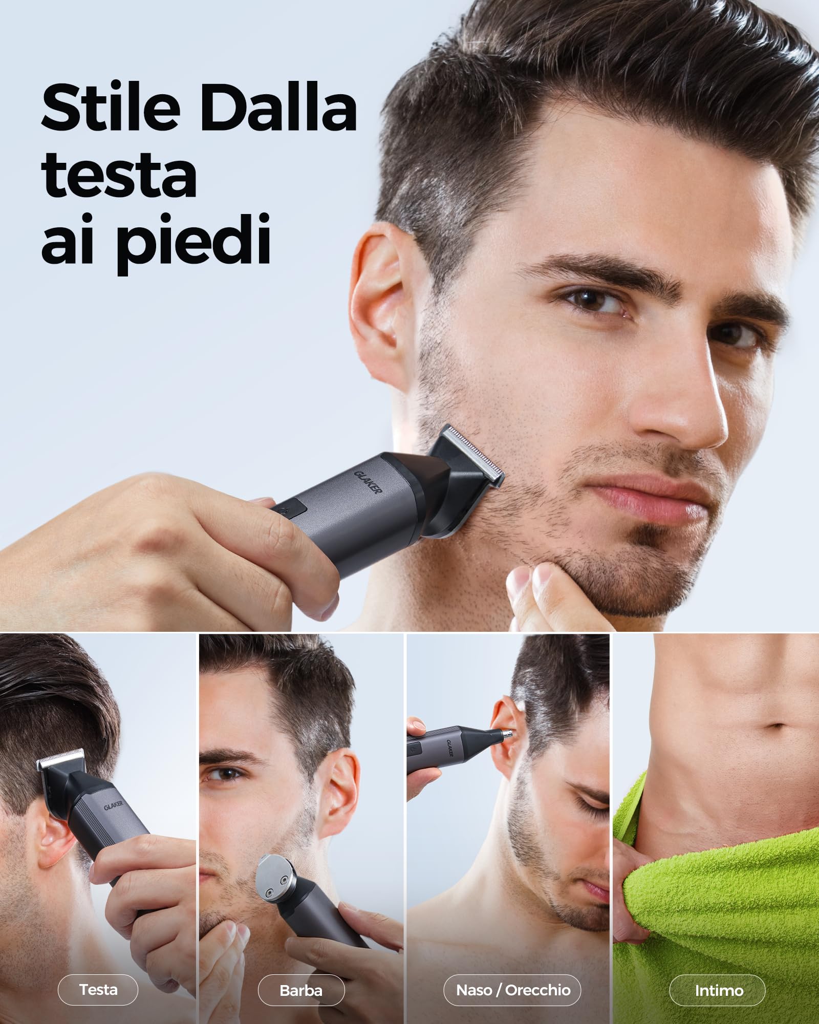 GLAKER Rasoio Elettrico Barba 6 in 1 – Regola Barba Elettrico Uomo Impermeabile per Barba, Capelli, Corpo, Parti Intime e Naso con Testine Intercambiabili