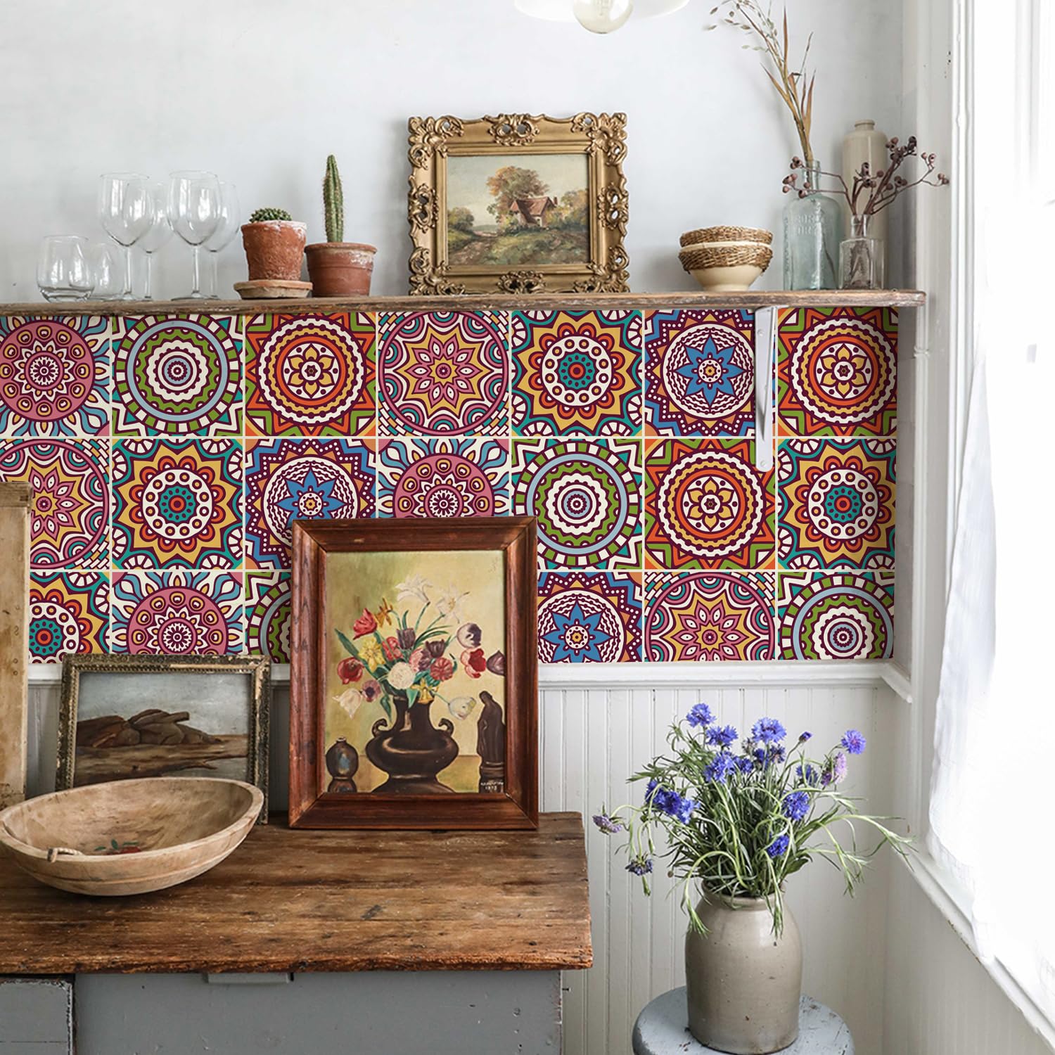 Alwayspon 24PcsX20cm/8inch Mandala Vinyl Wall Tile Sticker Transfer, Waterproof Sticky Back Tile Sticker for Kitchen Bathroom Self-adhesive Peel and Stick PVC Stick on Tile, Bright T59