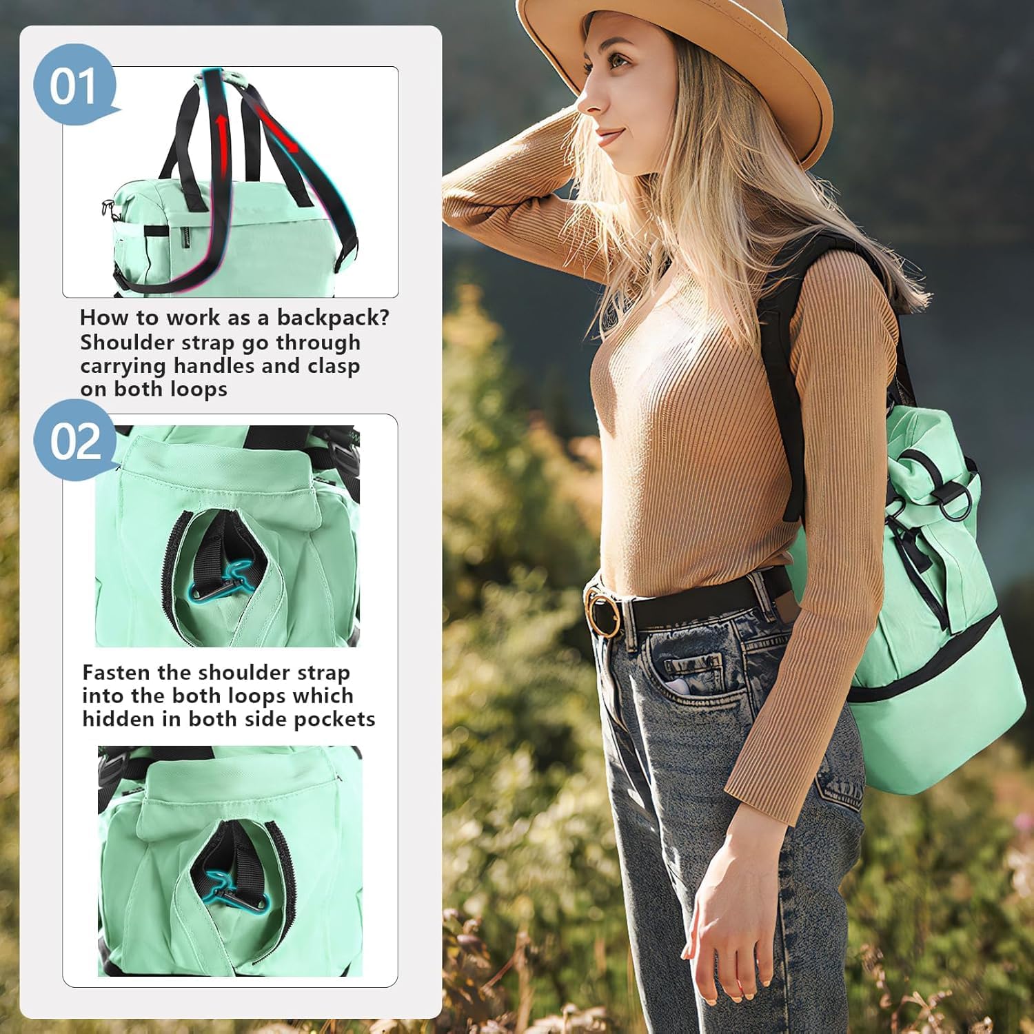 Gym Bag for Female, Weekender Bags for Women with Shoes Compartment, Personal Item Travel Duffel Bag with Wet Pocket & USB Charging Port, Carry On Bag for Women, Travel, Gym, Weekend (Light green) image 7 of 7 B0FDGGP5XR