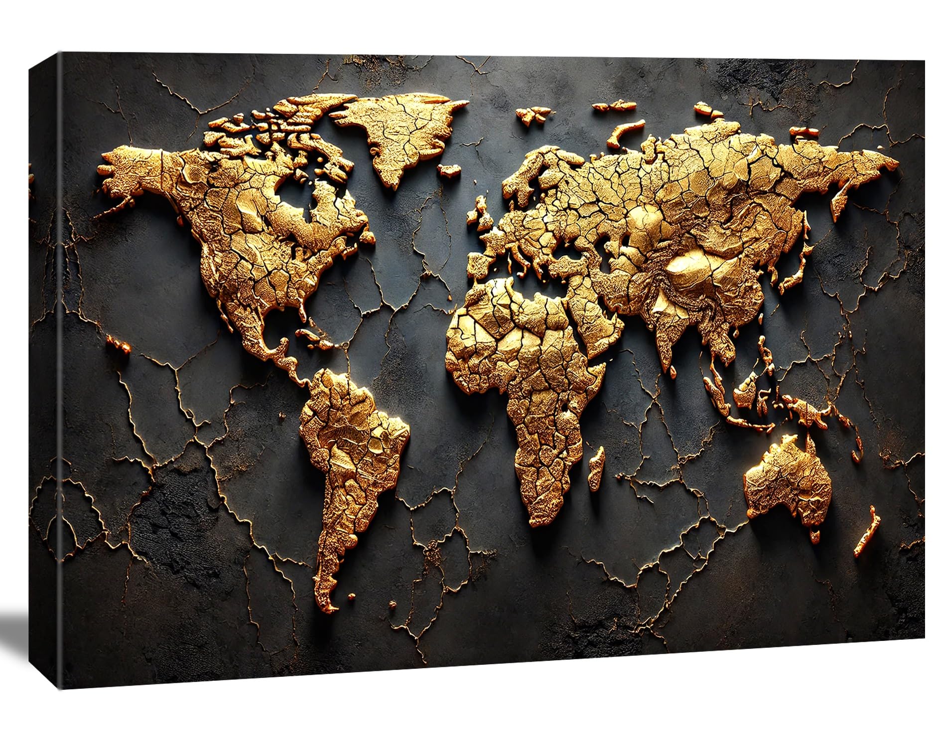 Cuadro mapamundi dorado 120x80 cm – Impresión artística 3D noble sobre lienzo | Arte moderno para sala de estar y oficina | N.º de artículo 5047