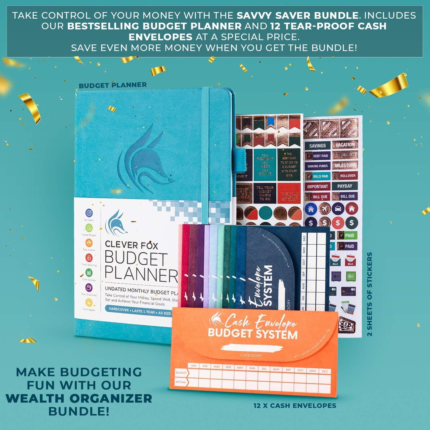 Clever Fox Budget Planner & Cash Envelopes for Budget System Bundle - Monthly Budget Organizer & 12 Money Envelopes - Household Budgeting Book & Envelopes for Women & Men – A5, Teal & Multicolor : Office Products