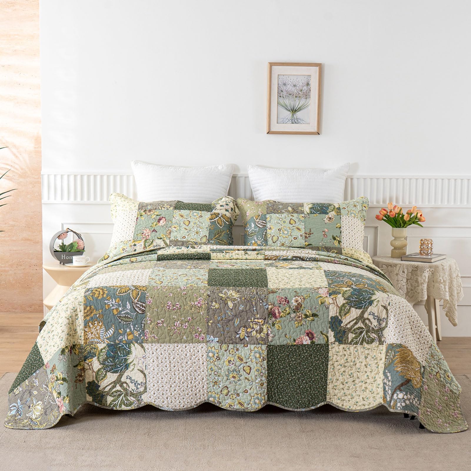 YAYIDAY Quilts Queen Size Patchwork Bedspread Set - 100% Cotton Reversible Breathable Floral Quilted Quilt with Pillow Shams Fit All Season