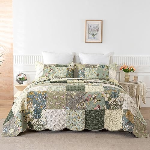 Miniatura 8 de YAYIDAY Juego de colcha de algodón con temática marina, manta de cama transpirable, colcha acolchada floral con fundas, estampado de concha de coral