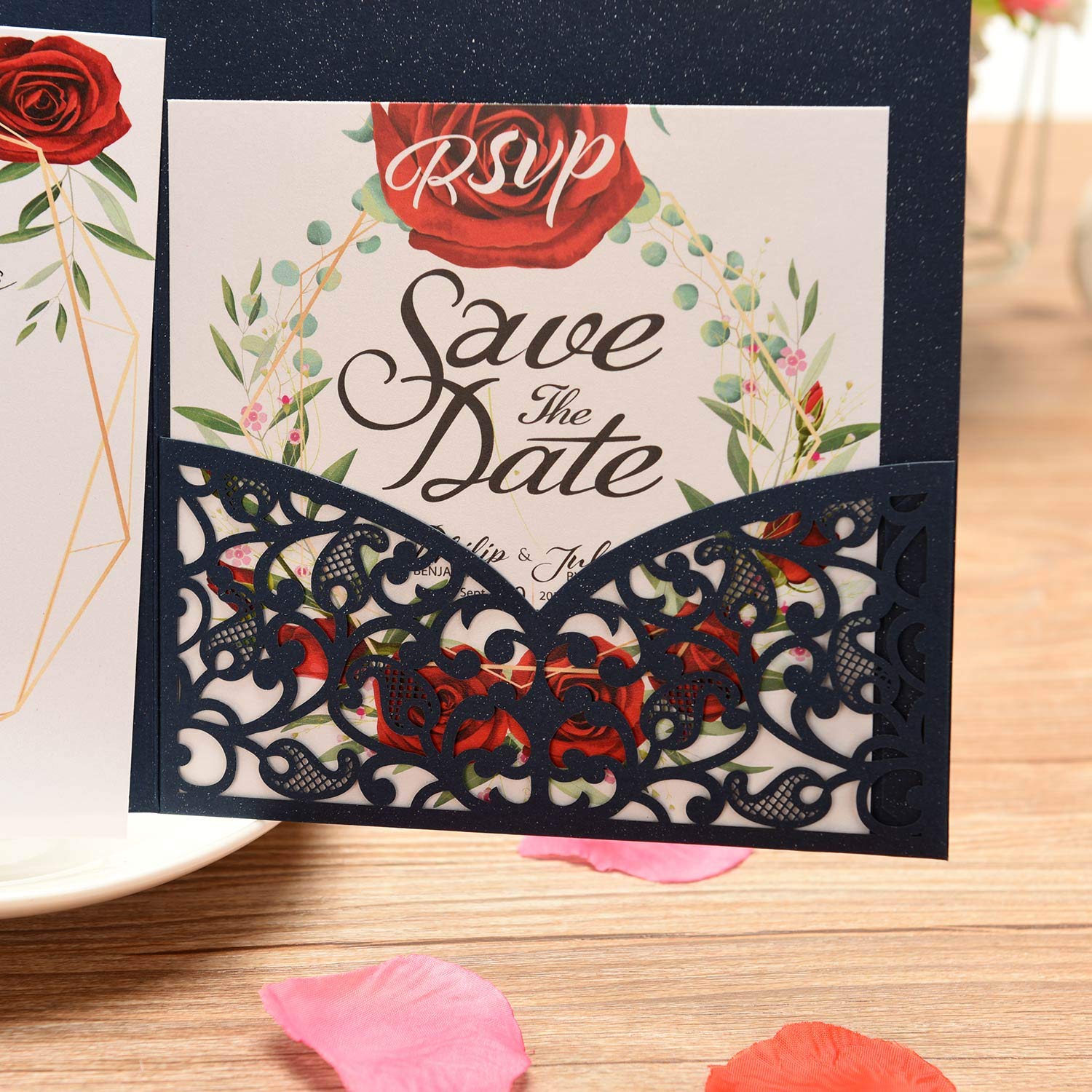 Kit 40 Inviti Matrimonio Fai-da-Te FOMTOR | Taglio Laser Vuoti Con Carta E Buste | 7x4.7 Pollici, Blu