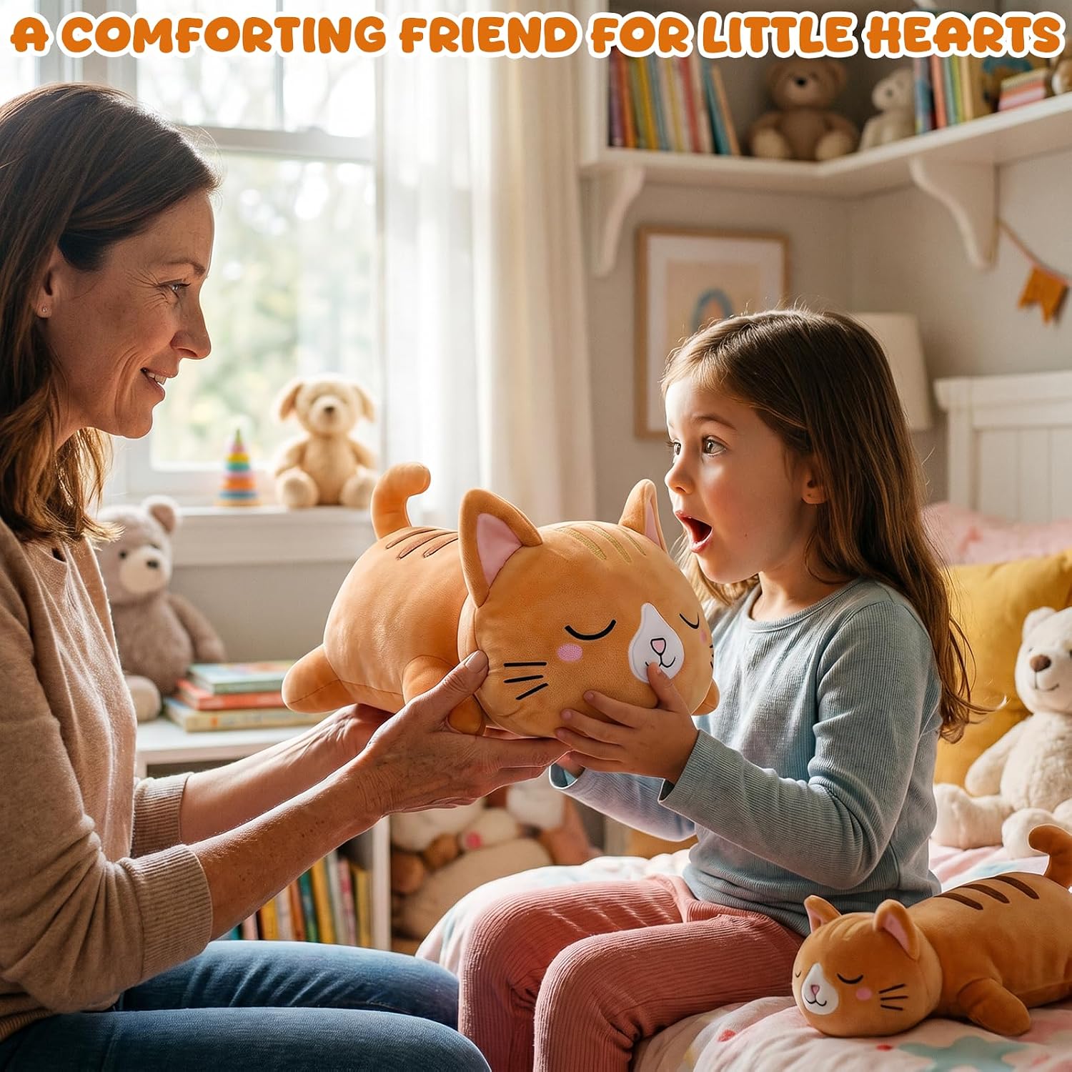 TOYSYM Weighted Stuffed Animals Cat, Orange Cat Plush with Weighted Beads, Cute Cat Plushie Pillow Gifts for Adults Kids Boys Girls 9.8inch