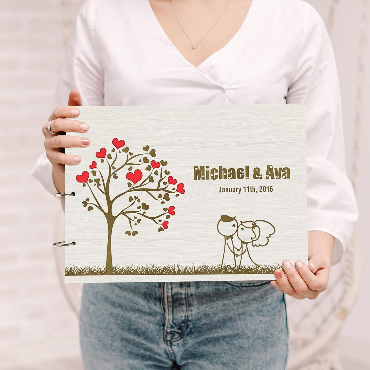 Darling Souvenir Personalized Engraved Laser Cut Wedding Guest Book Wooden Cover Sign-in Book Registry Guestbook Scrapbook-TZ