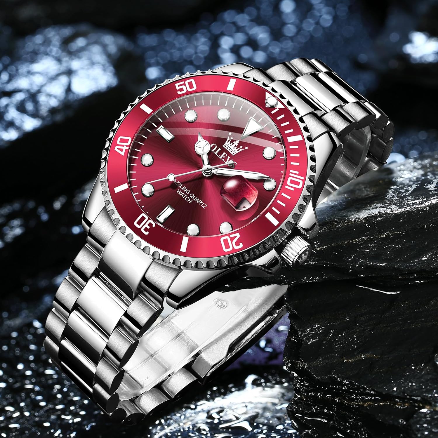 OLEVS watch partially submerged in water, demonstrating water resistance