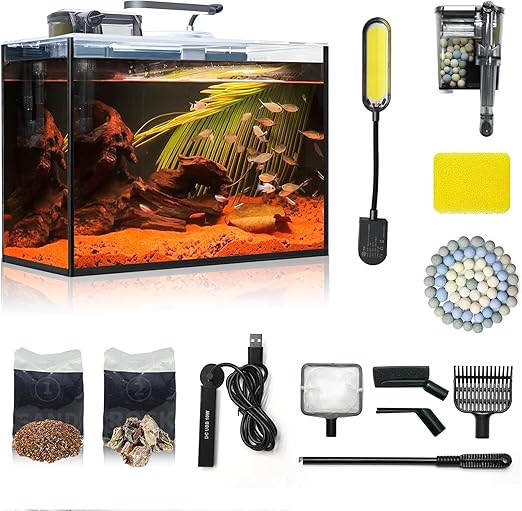Aquarium Desktop Set 2.6 Gallon Small Fish Tank, Ultra Clear Glass Self Cleaning Filter Bright Light Heater Rocks Gravel Cleaning Tool, Rimless Fish Bowl for Beginners Starter Kit Keeping Betta Shrimp